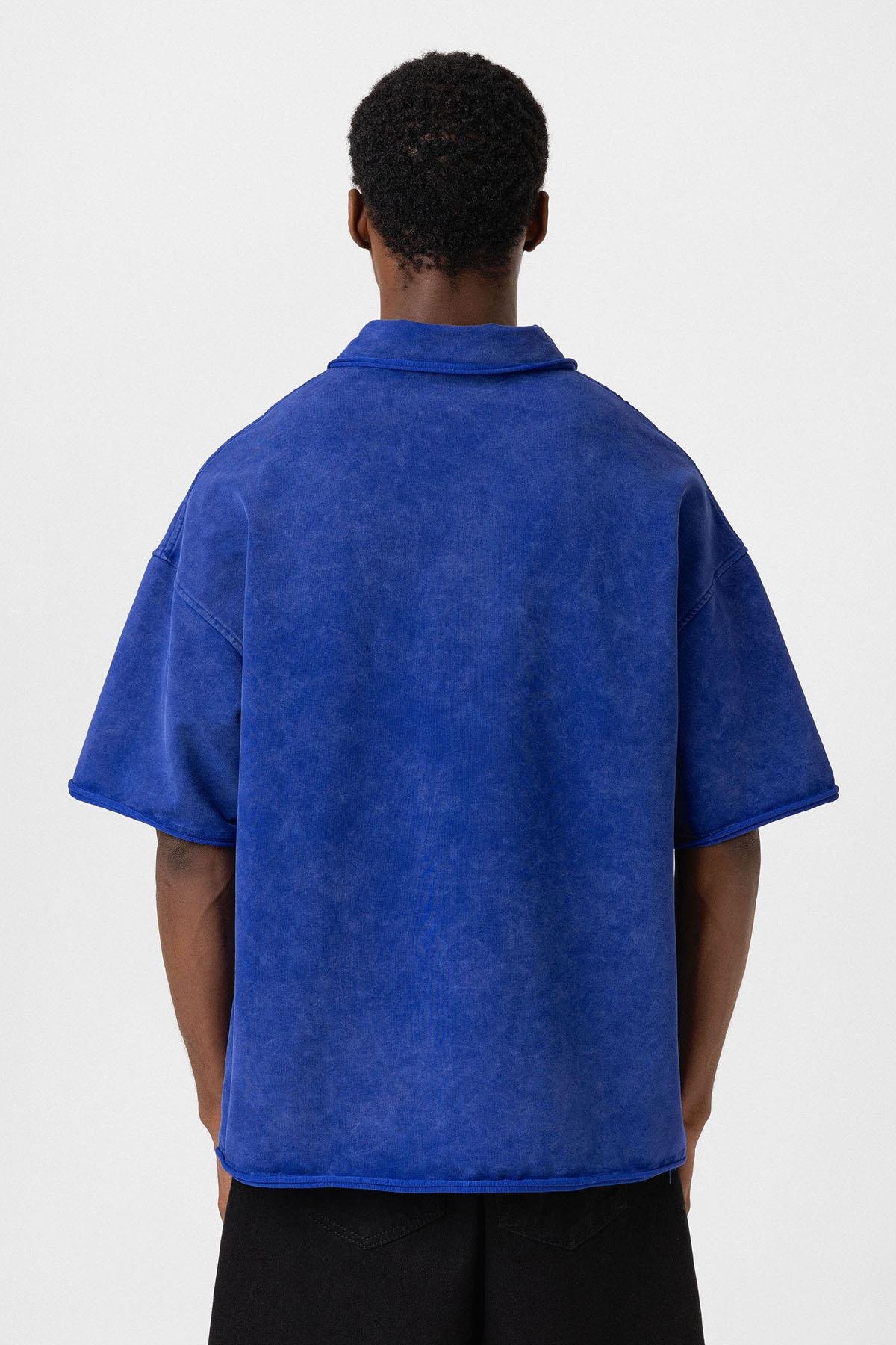 Polo Yaka Yıkamalı Oversize Tişört Saks