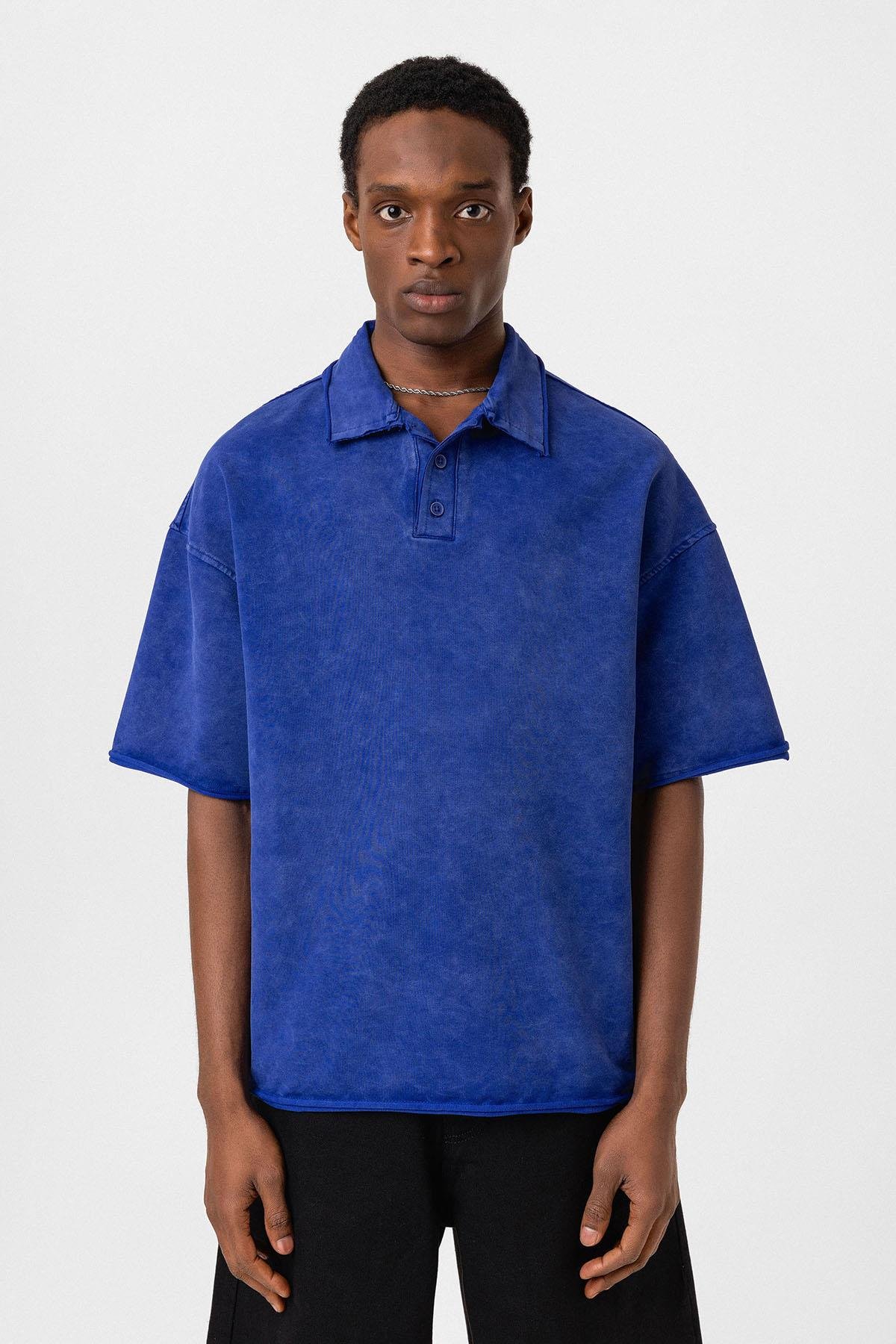 Polo Yaka Yıkamalı Oversize Tişört Saks