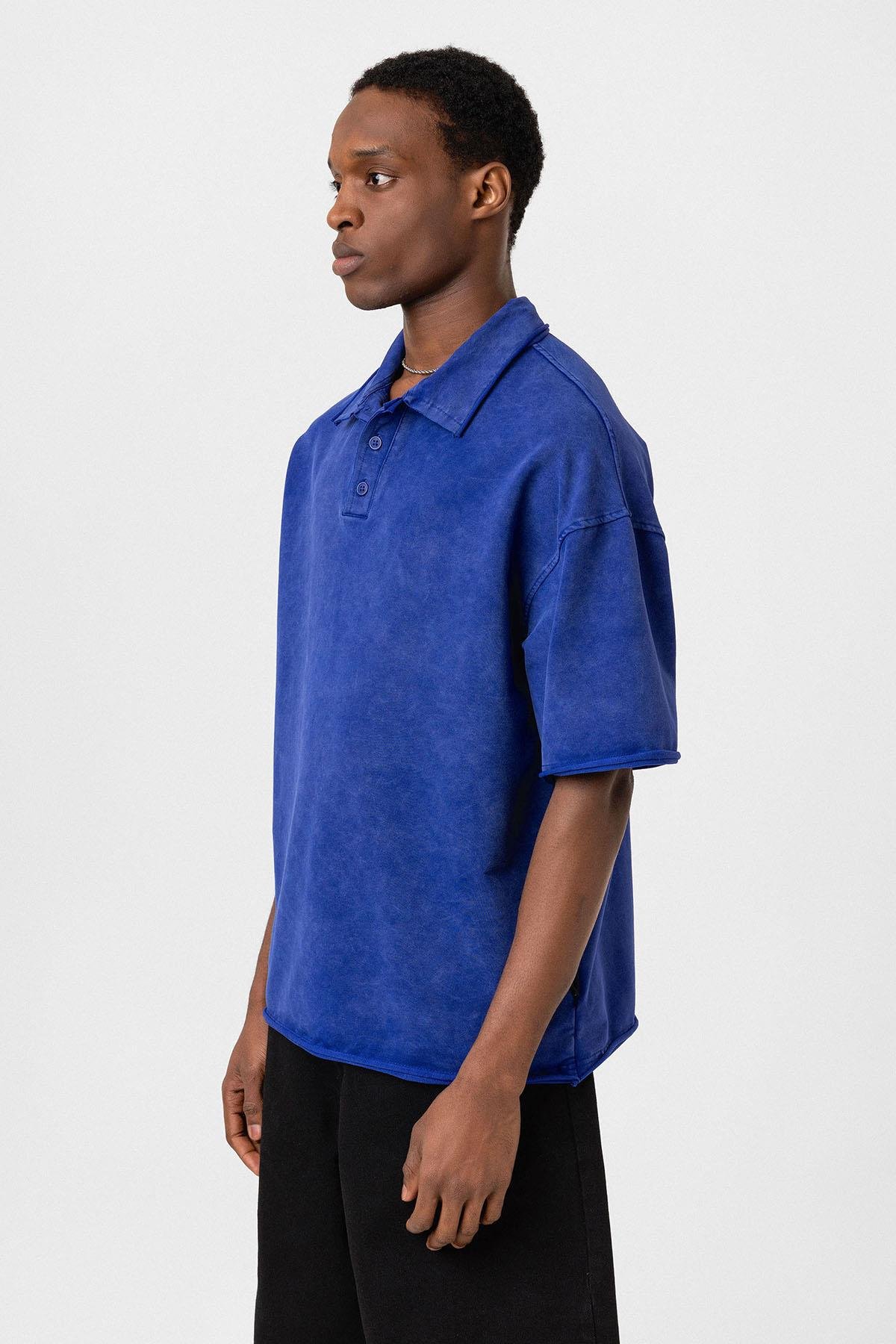 Polo Yaka Yıkamalı Oversize Tişört Saks