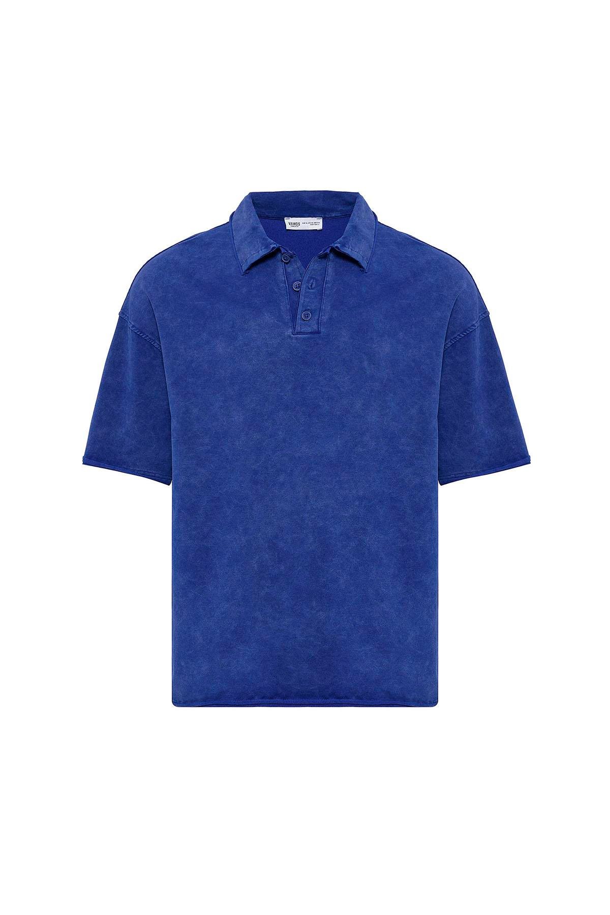 Polo Yaka Yıkamalı Oversize Tişört Saks