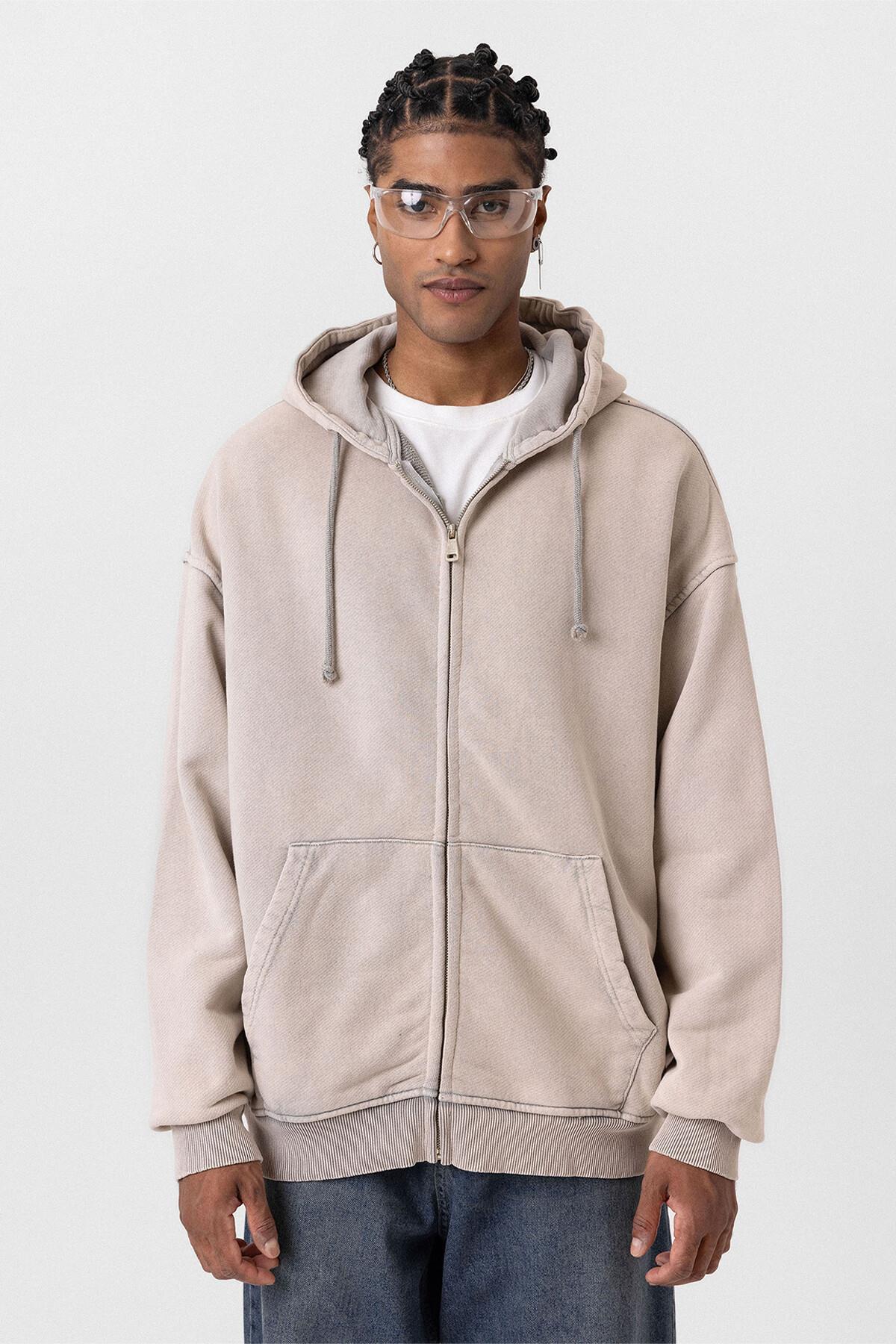 Premıum Yıkamalı Fermuarlı Oversize Sweatshirt Taş