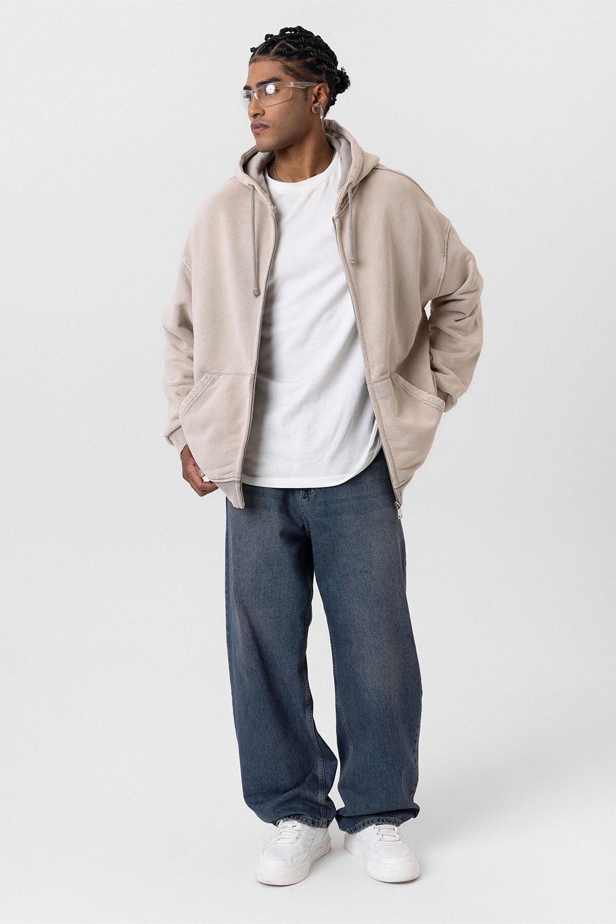 Premıum Yıkamalı Fermuarlı Oversize Sweatshirt Taş
