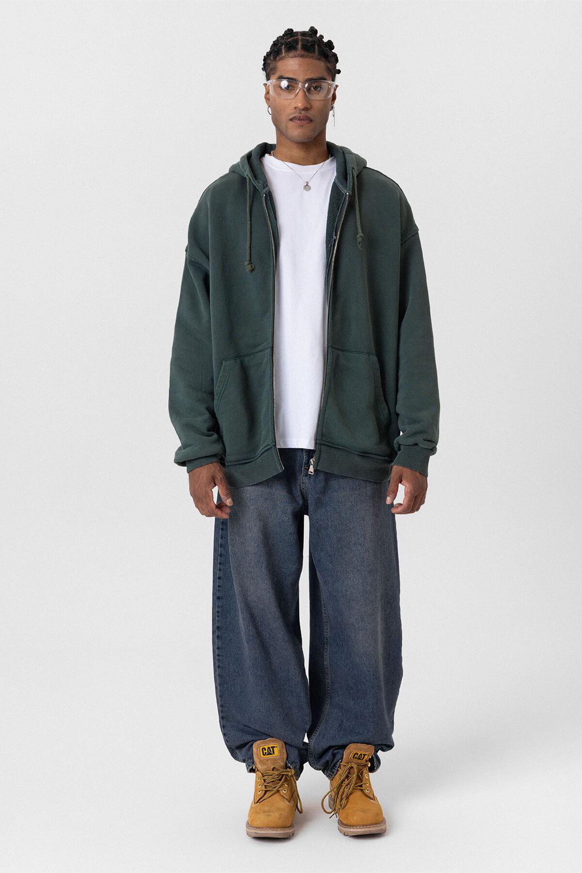 Premıum Yıkamalı Fermuarlı Oversize Sweatshirt Yeşil