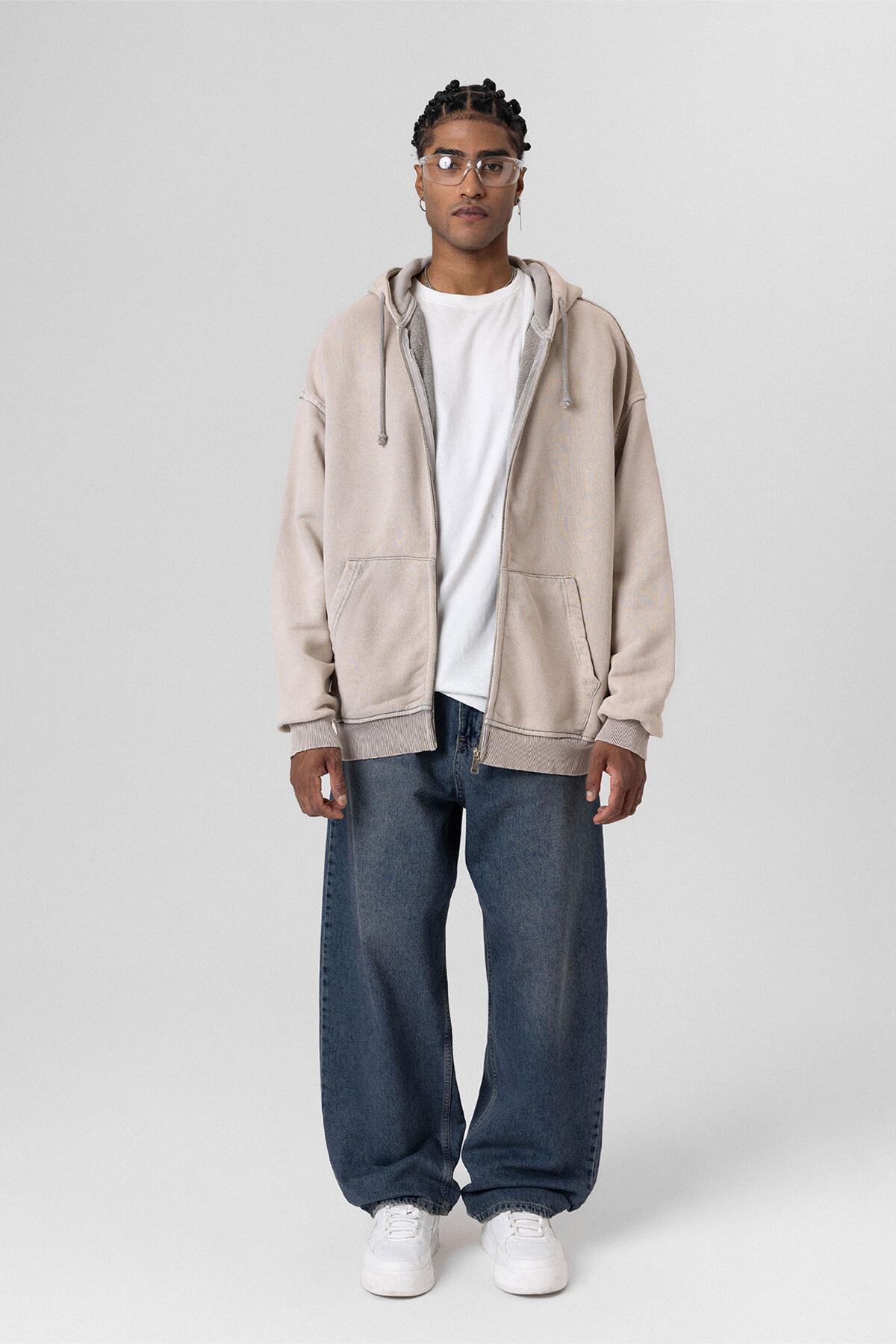 Premıum Yıkamalı Fermuarlı Oversize Sweatshirt Taş