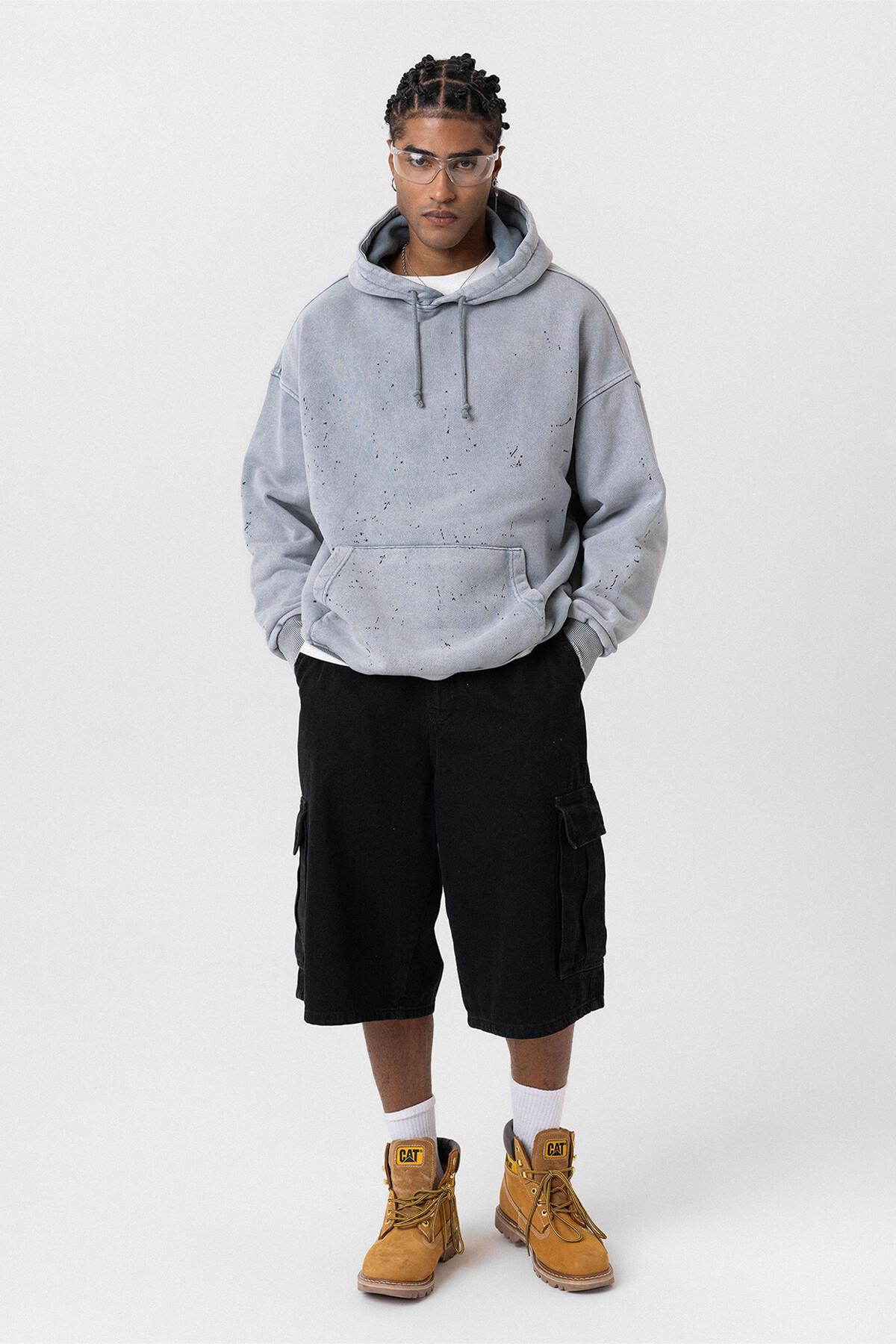 Premıum Yıkamalı Kapüşonlu Oversize Sweatshirt Gri