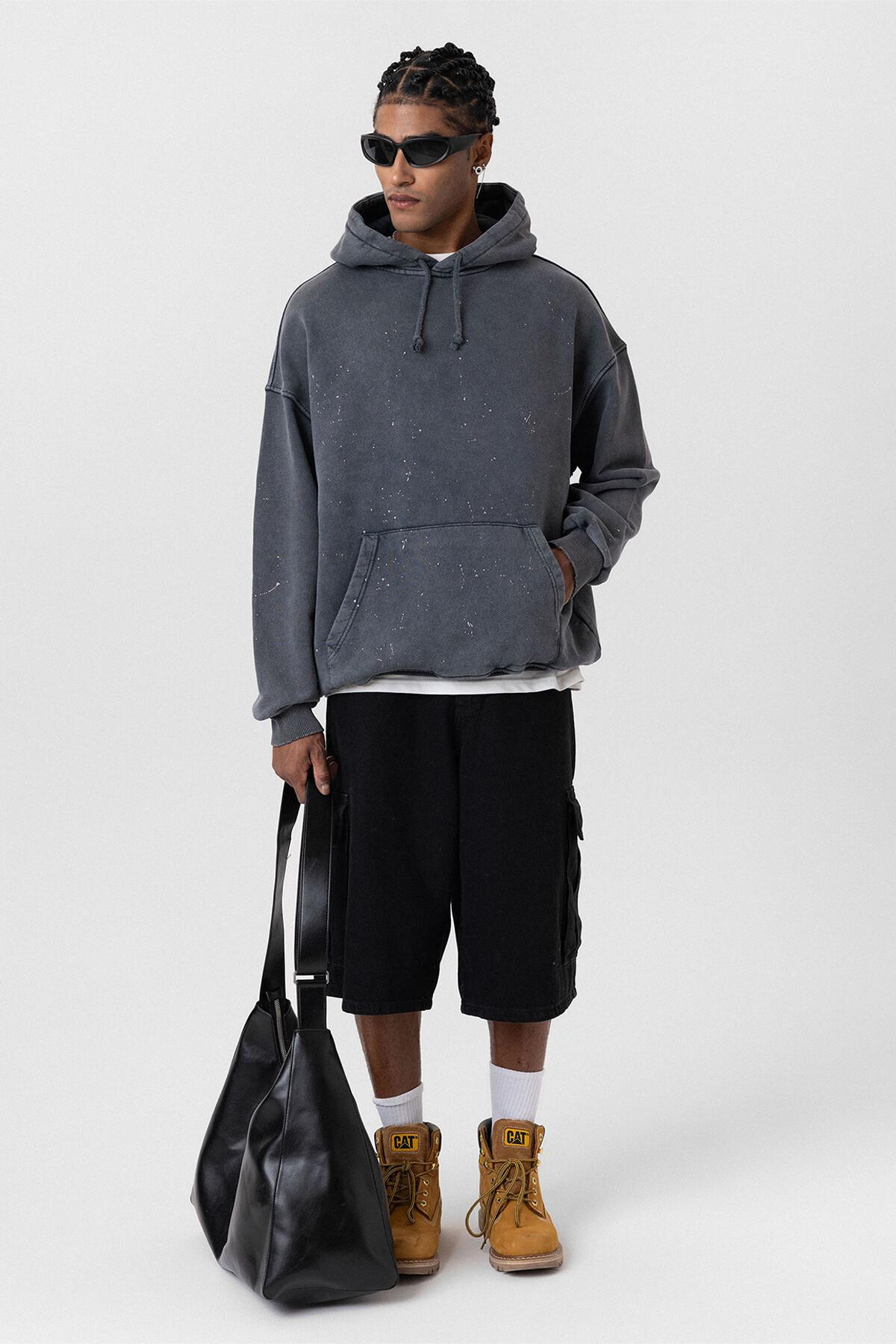 Premıum Yıkamalı Kapüşonlu Oversize Sweatshirt Siyah