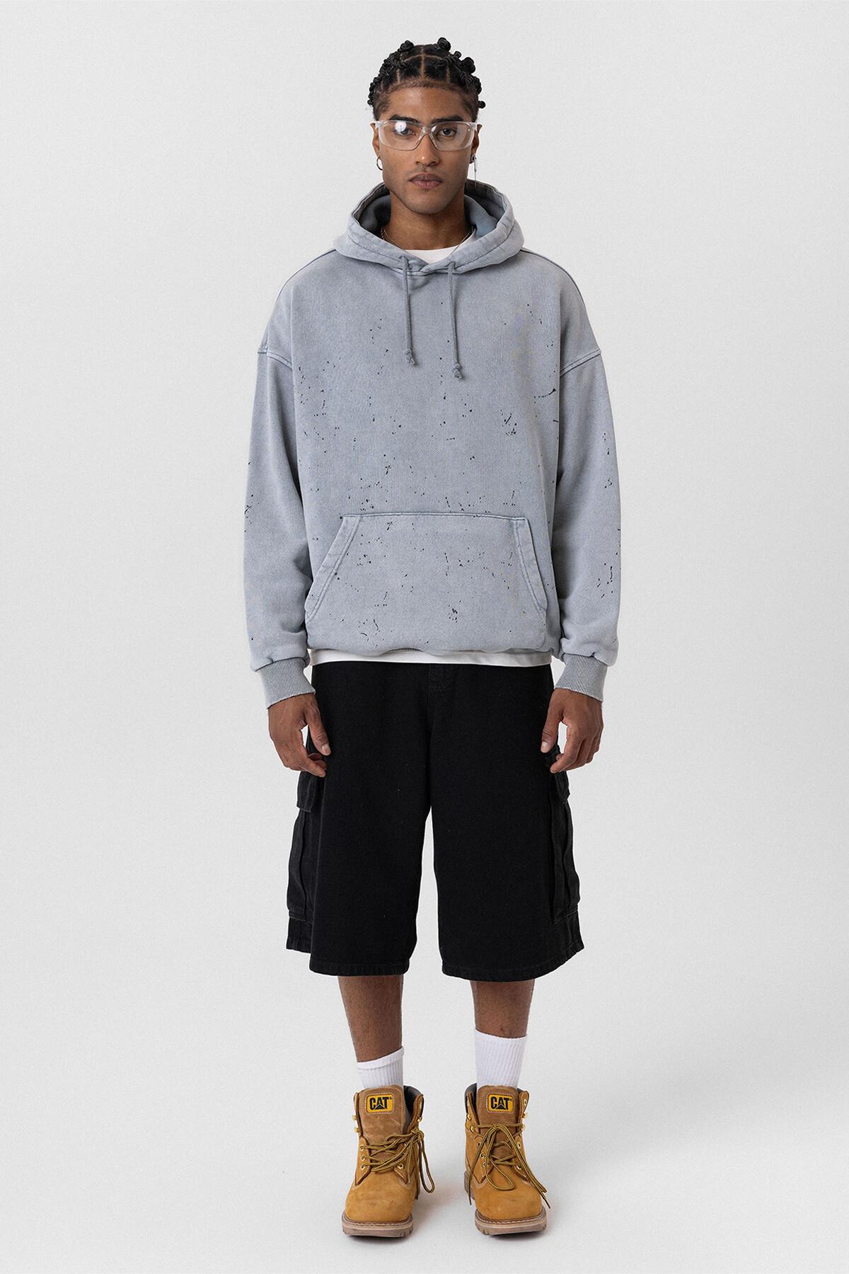 Premıum Yıkamalı Kapüşonlu Oversize Sweatshirt Gri