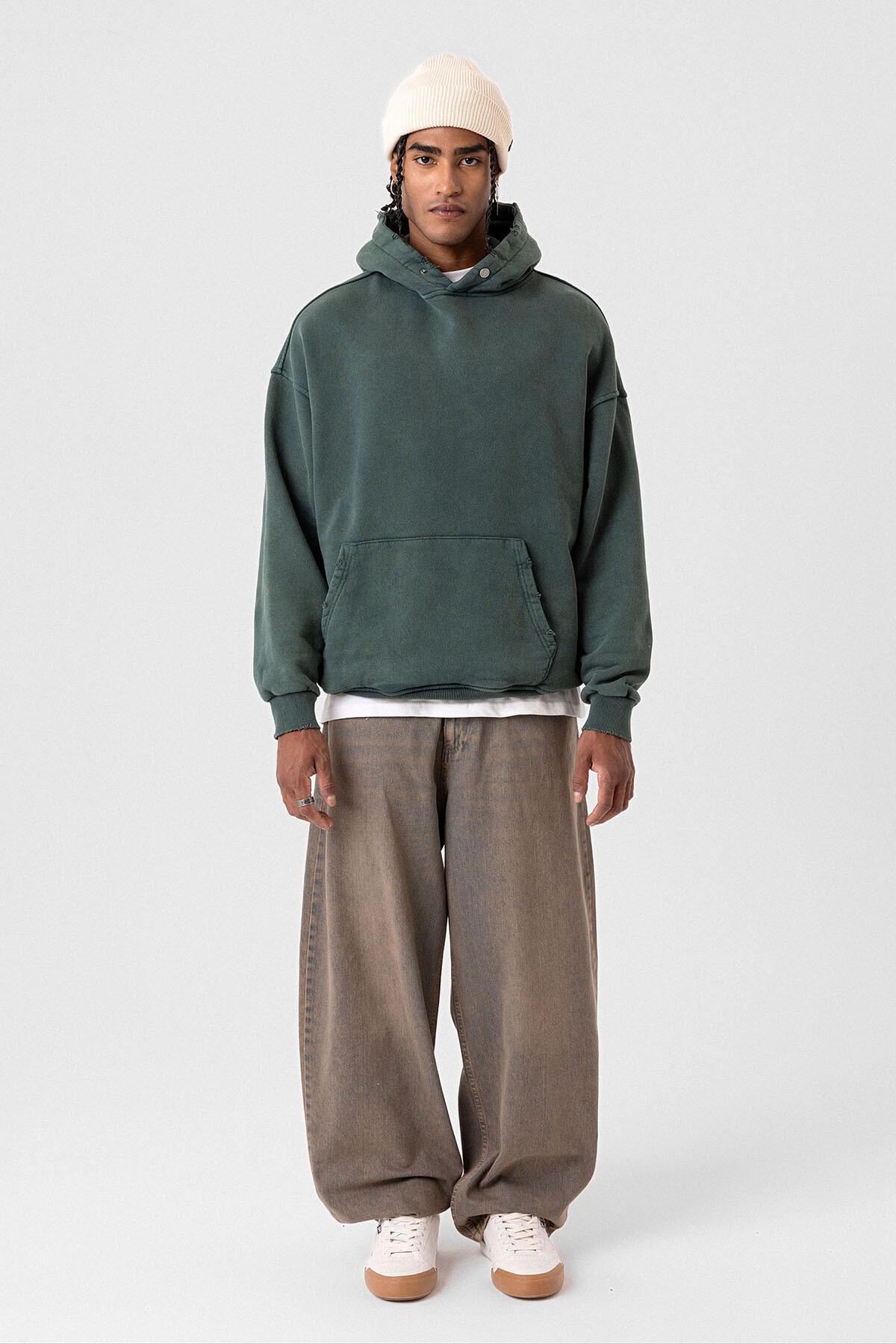 Premıum Yırtık Detaylı Oversize Sweatshirt Yeşil