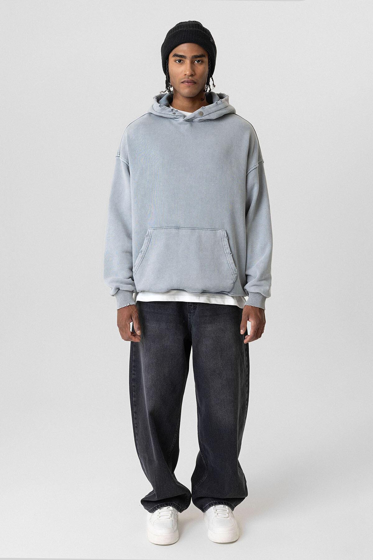Premıum Yırtık Detaylı Oversize Sweatshirt Gri