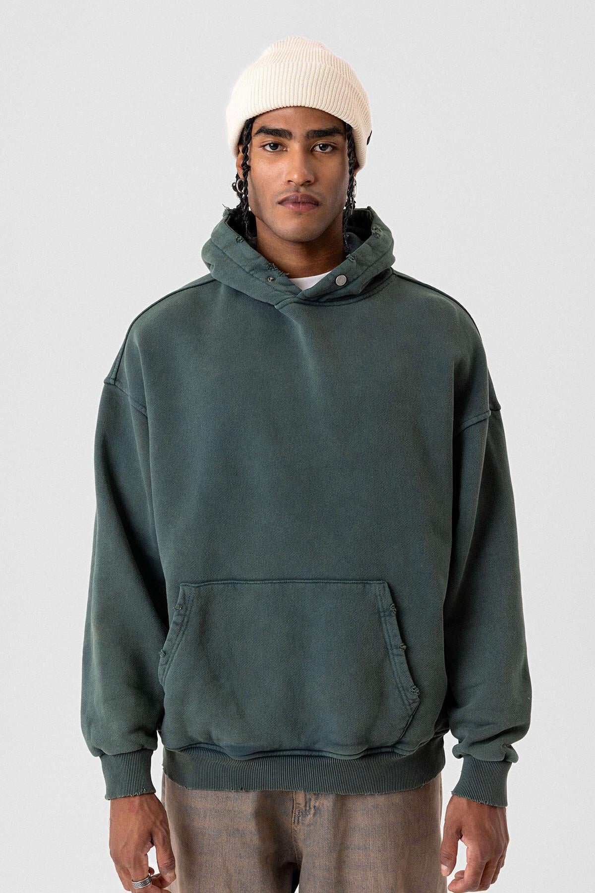 Premıum Yırtık Detaylı Oversize Sweatshirt Yeşil