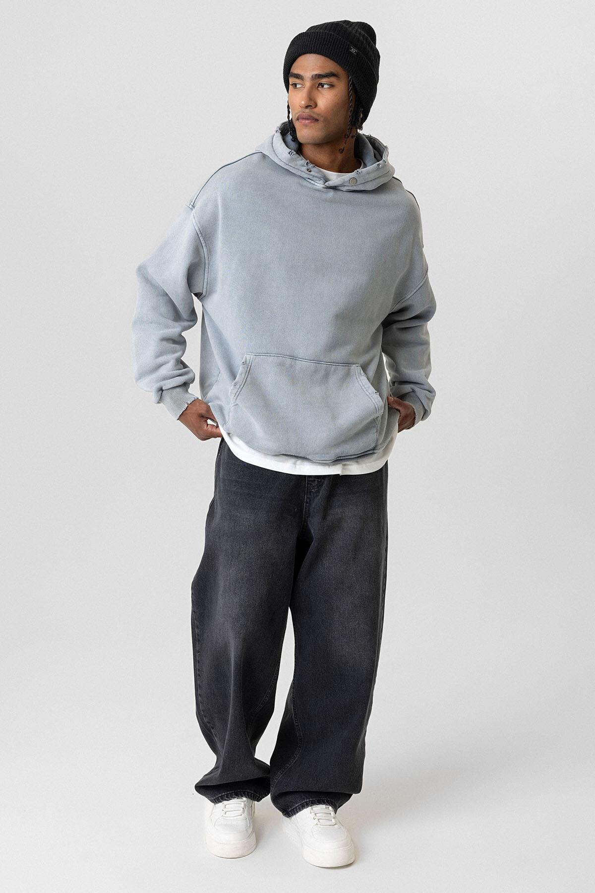 Premıum Yırtık Detaylı Oversize Sweatshirt Gri