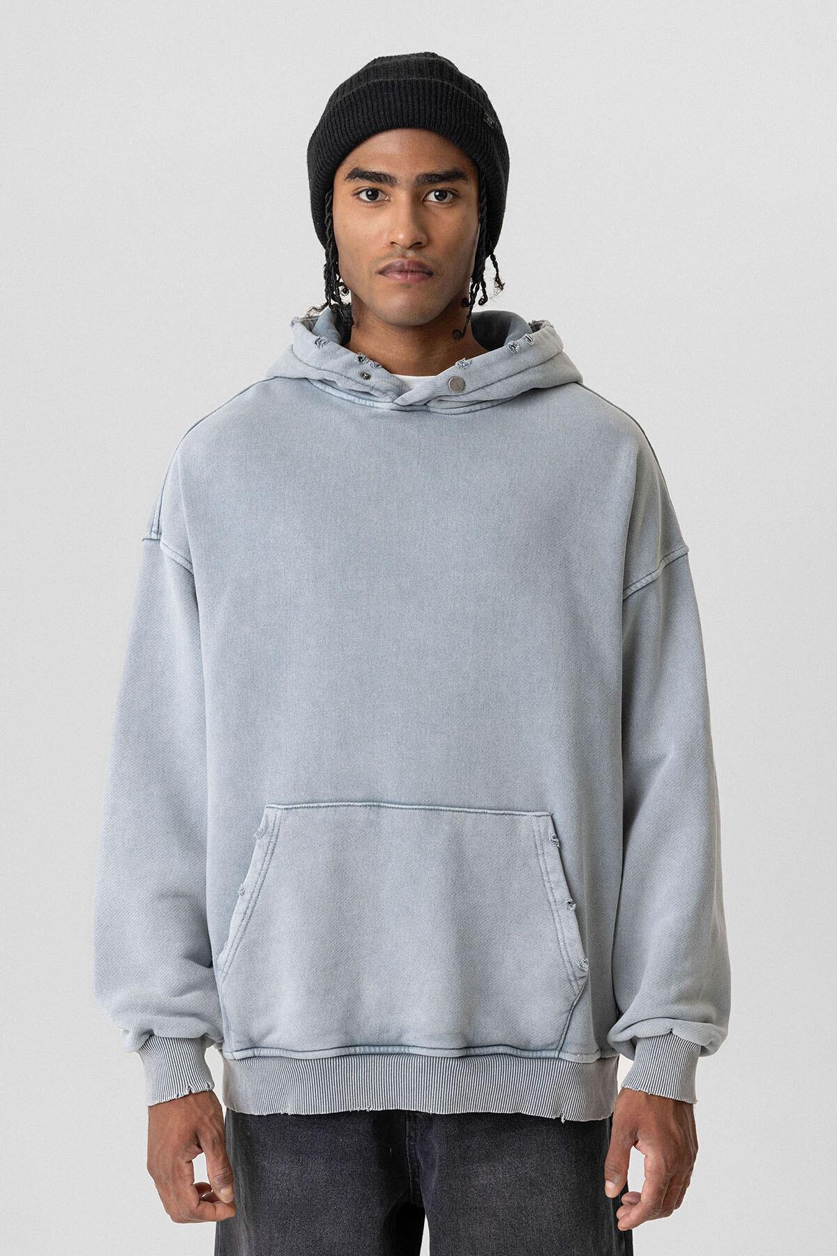 Premıum Yırtık Detaylı Oversize Sweatshirt Gri