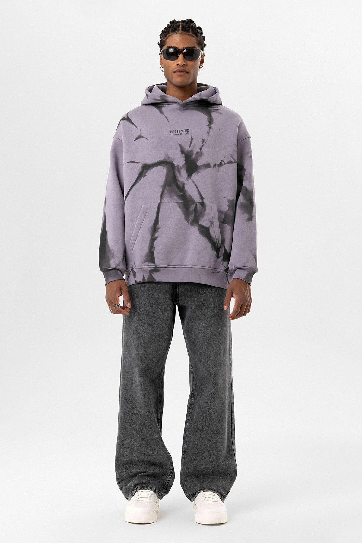 Renk Detaylı Kapüşonlu Oversize Sweatshirt Lila