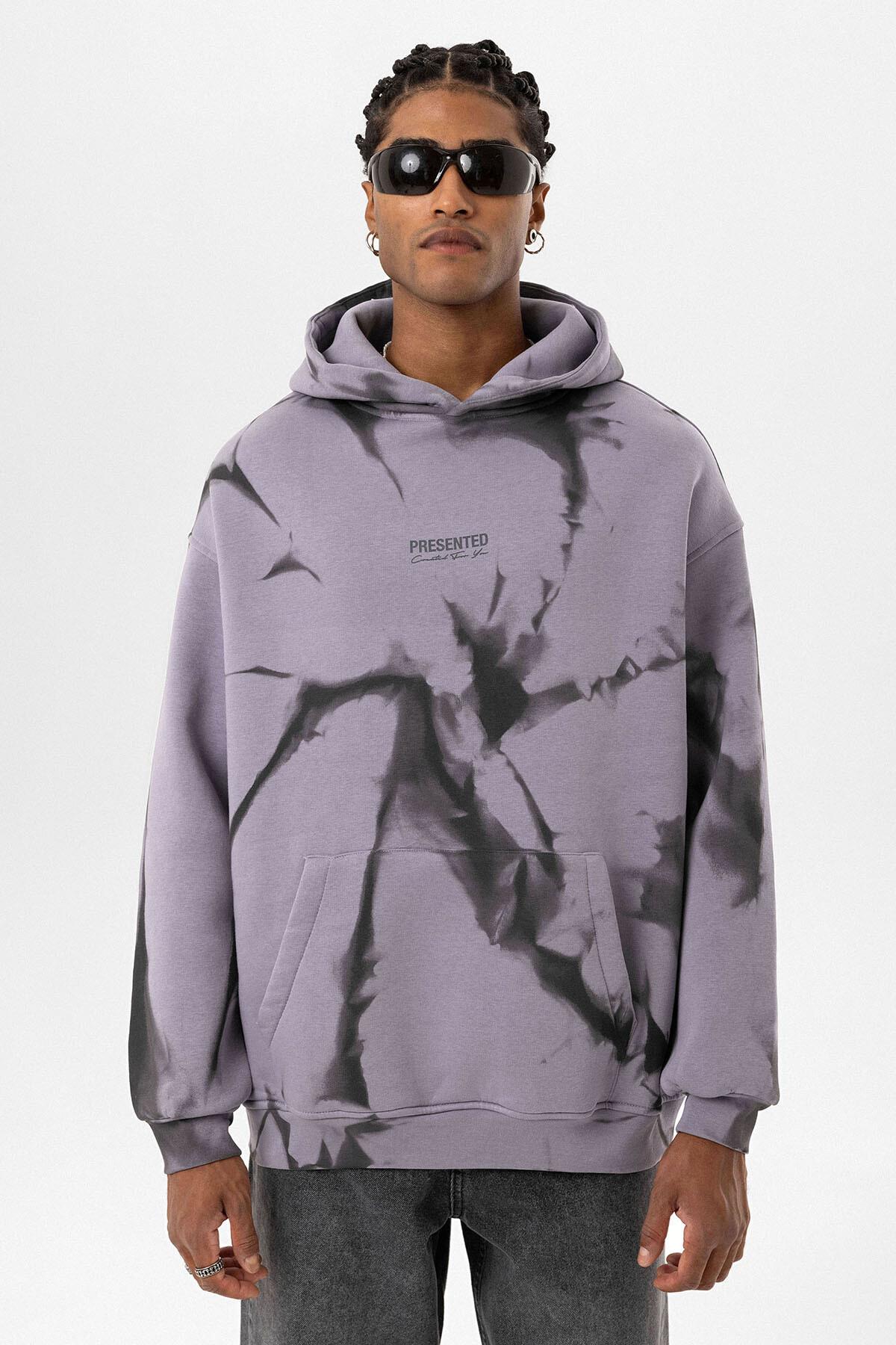 Renk Detaylı Kapüşonlu Oversize Sweatshirt Lila