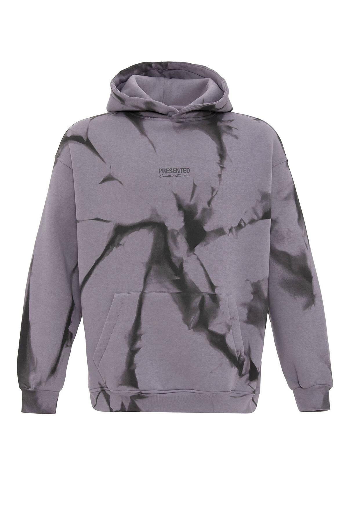 Renk Detaylı Kapüşonlu Oversize Sweatshirt Lila