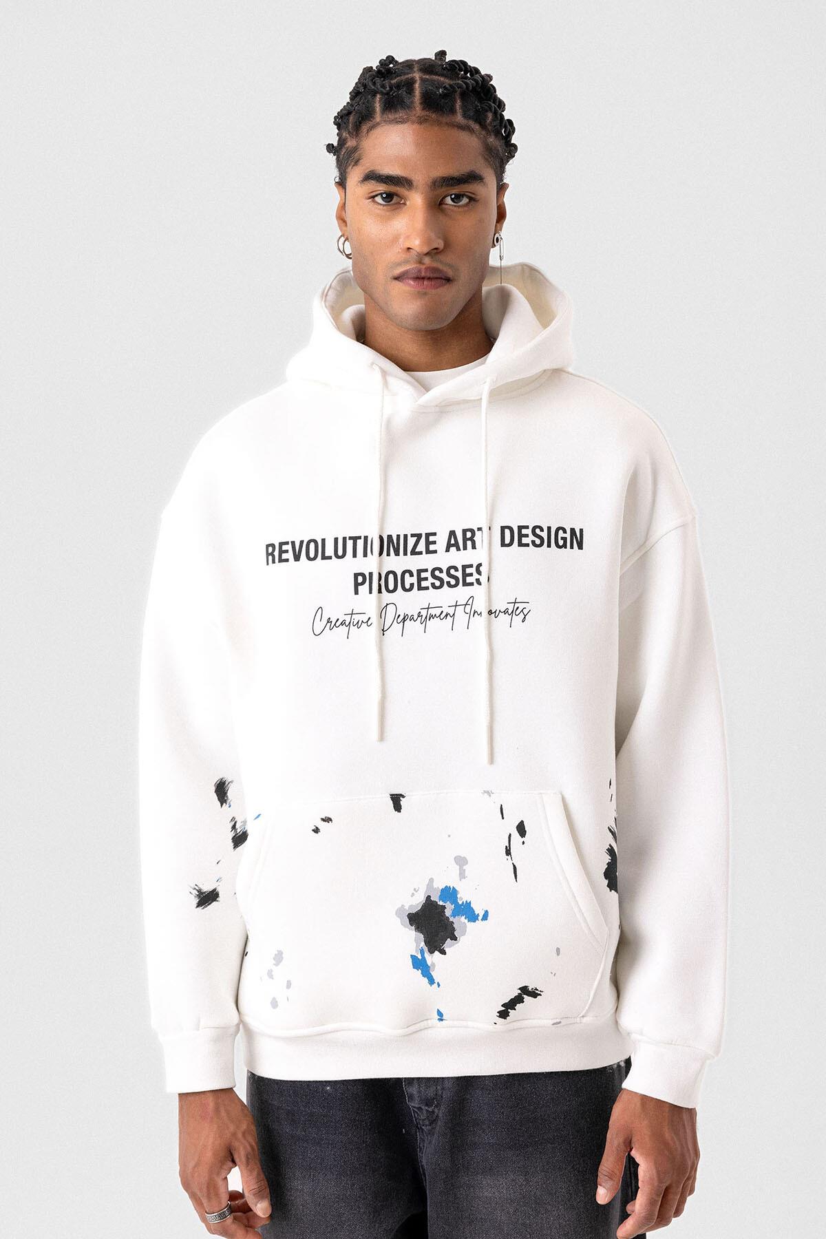 Renk Detaylı Oversize Kapüşonlu Sweatshirt Ekru