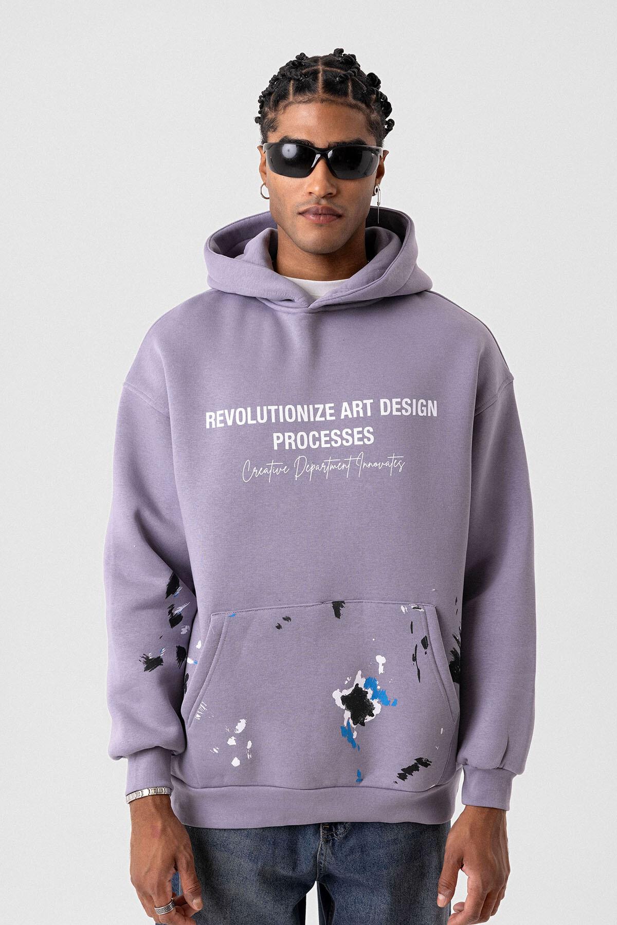 Renk Detaylı Oversize Kapüşonlu Sweatshirt Lila