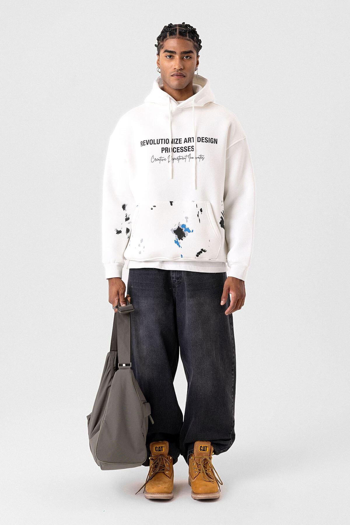 Renk Detaylı Oversize Kapüşonlu Sweatshirt Ekru