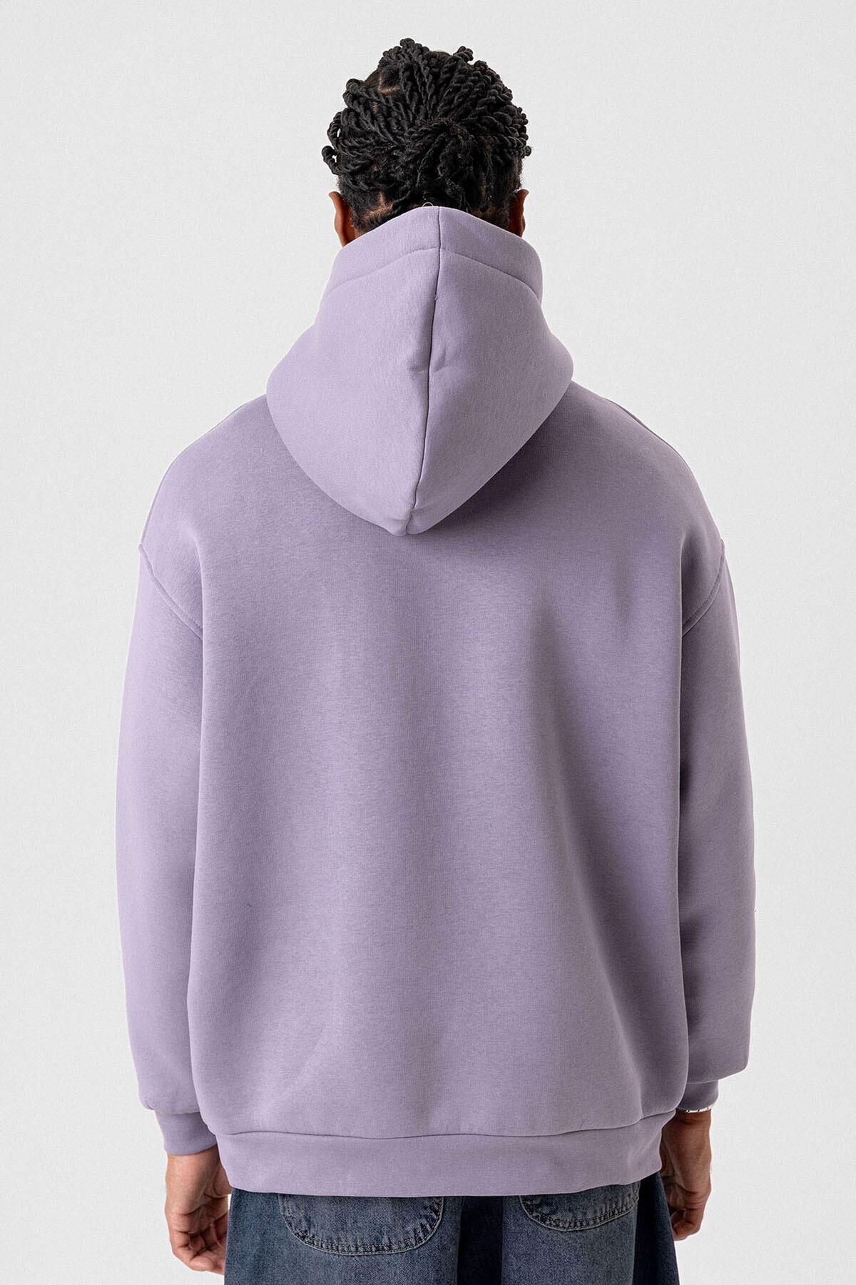 Renk Detaylı Oversize Kapüşonlu Sweatshirt Lila