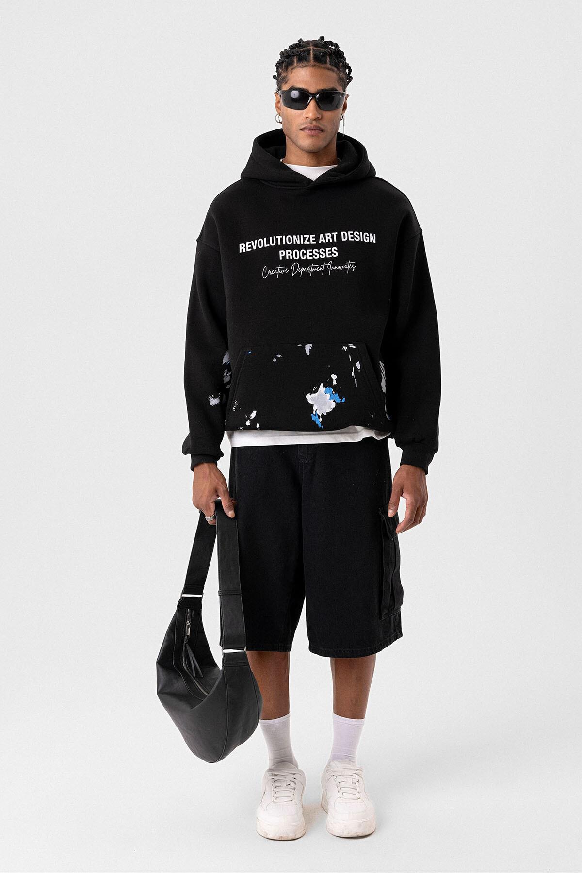 Renk Detaylı Oversize Kapüşonlu Sweatshirt Siyah
