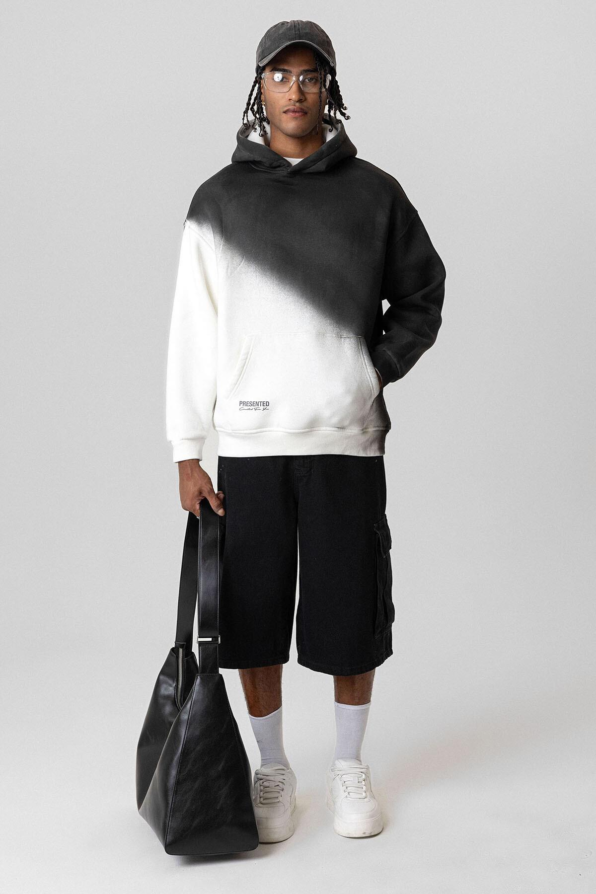 Renk Geçişli Oversize Kapüşonlu Sweatshirt Ekru
