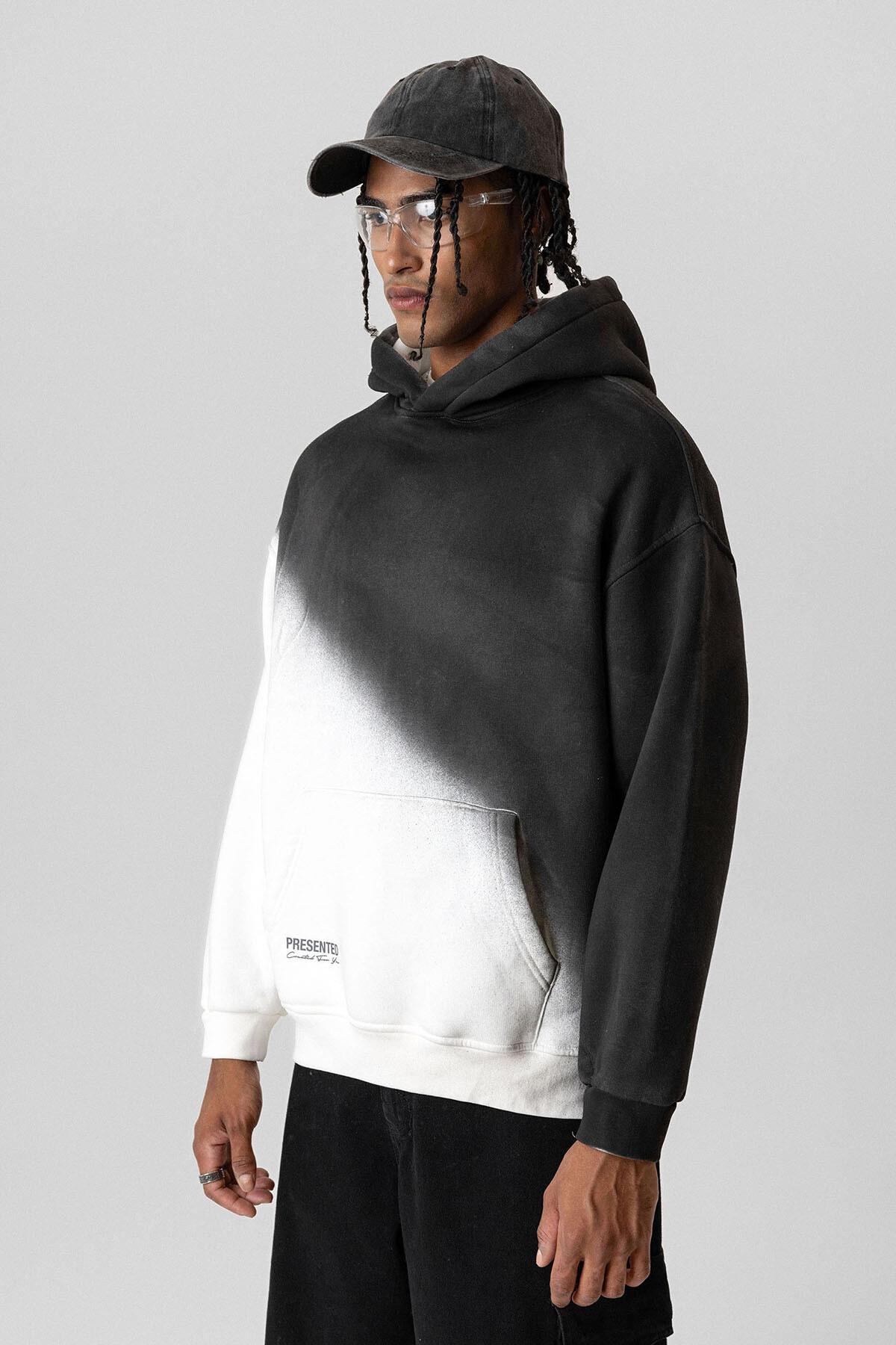 Renk Geçişli Oversize Kapüşonlu Sweatshirt Ekru