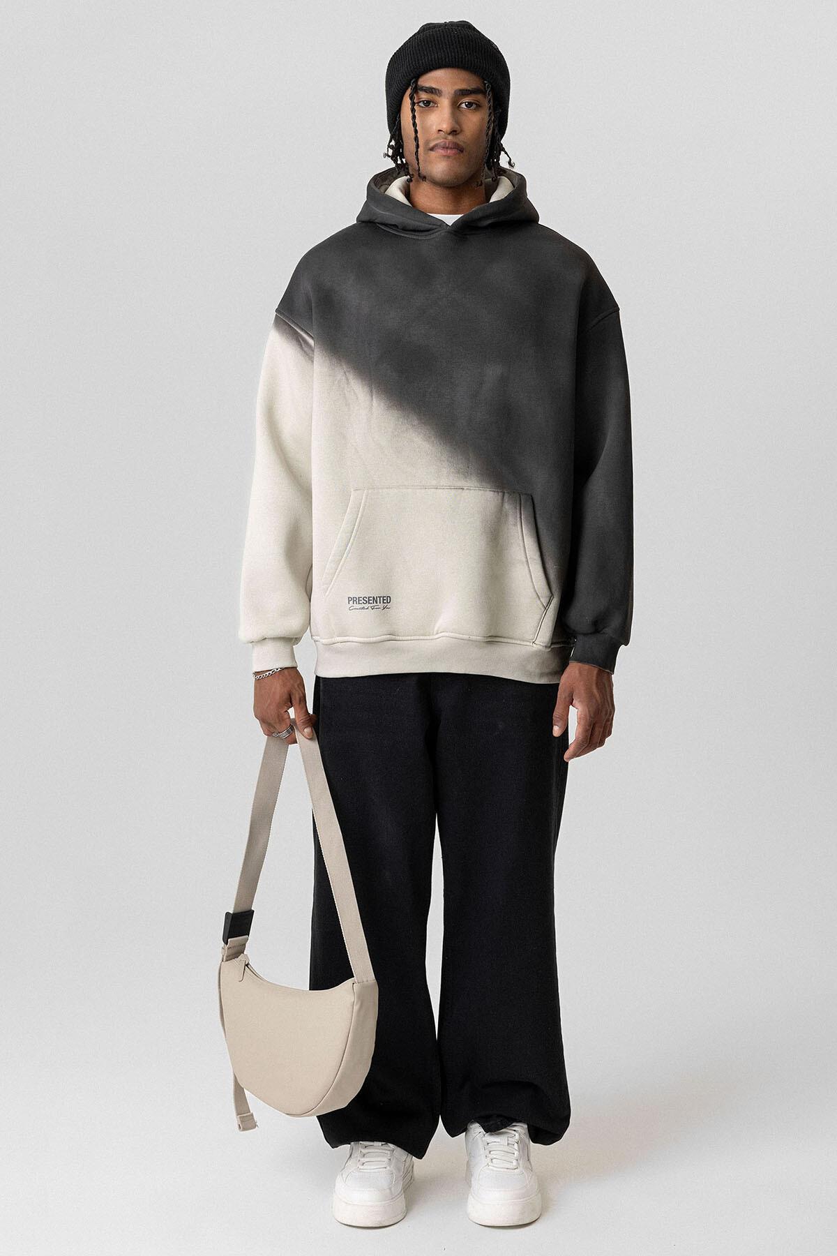 Renk Geçişli Oversize Kapüşonlu Sweatshirt Buz Gri