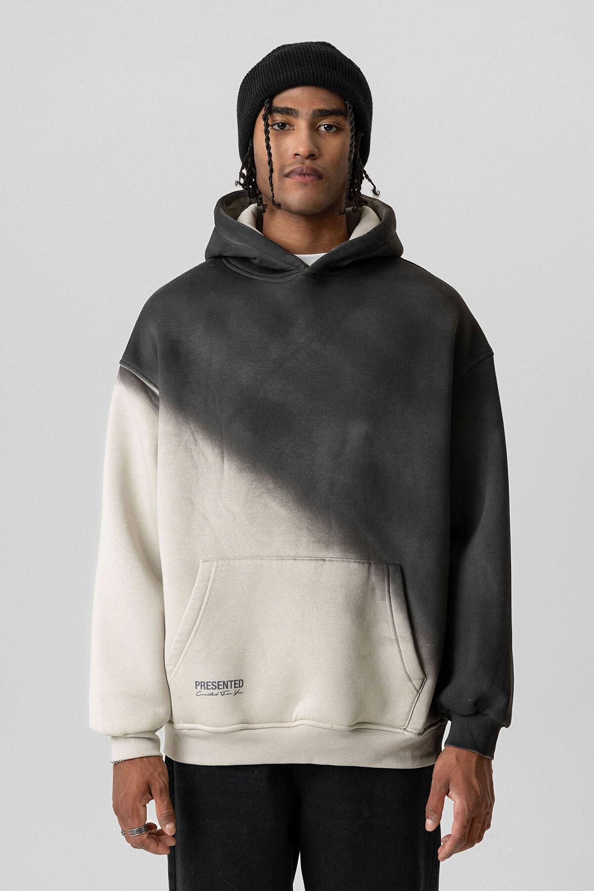 Renk Geçişli Oversize Kapüşonlu Sweatshirt Buz Gri