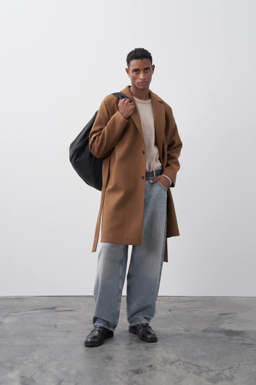 Siyah Kemerli Oversize Kaşe Kaban Kahve