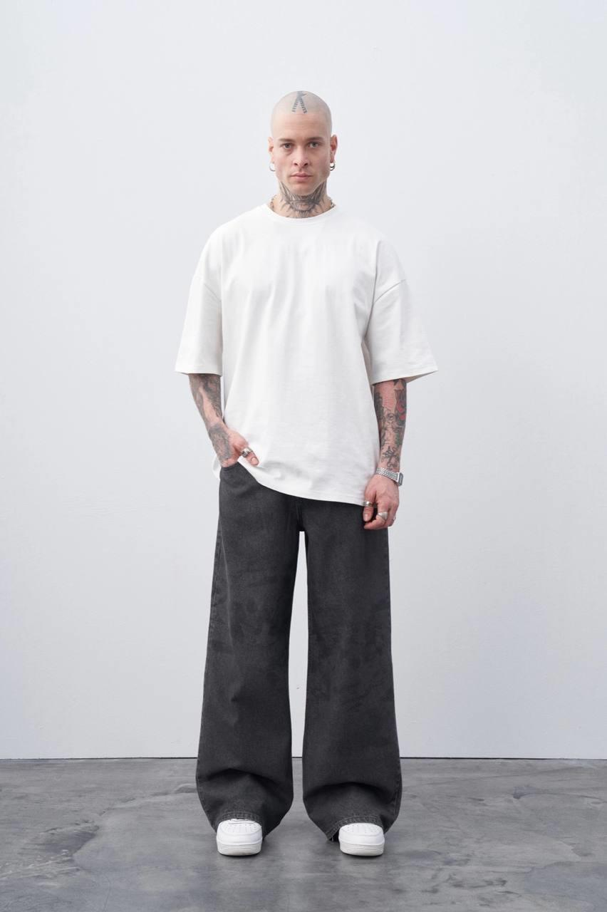 Siyah Lazer Baskılı Baggy Jean Gri
