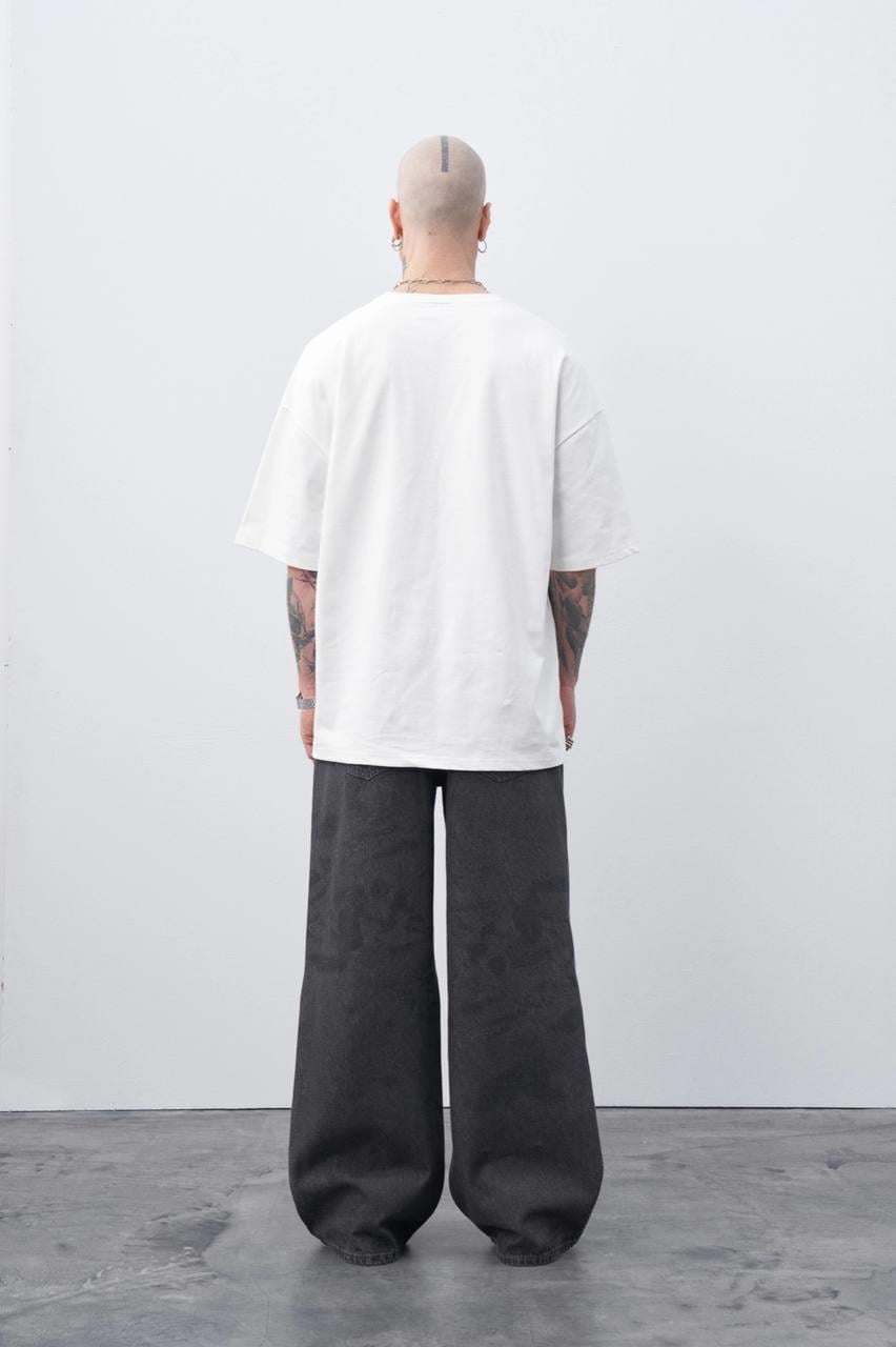 Siyah Lazer Baskılı Baggy Jean Gri