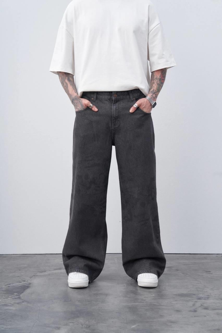 Siyah Lazer Baskılı Baggy Jean Gri
