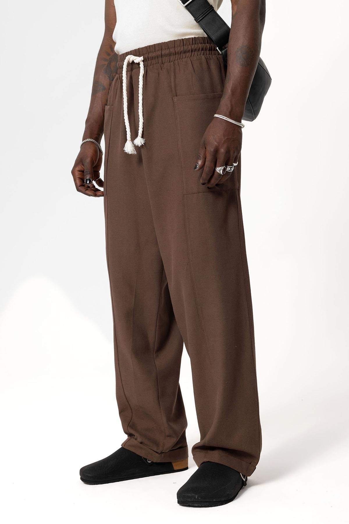 Yan Cepli Baggy Keten Pantolon Kahve