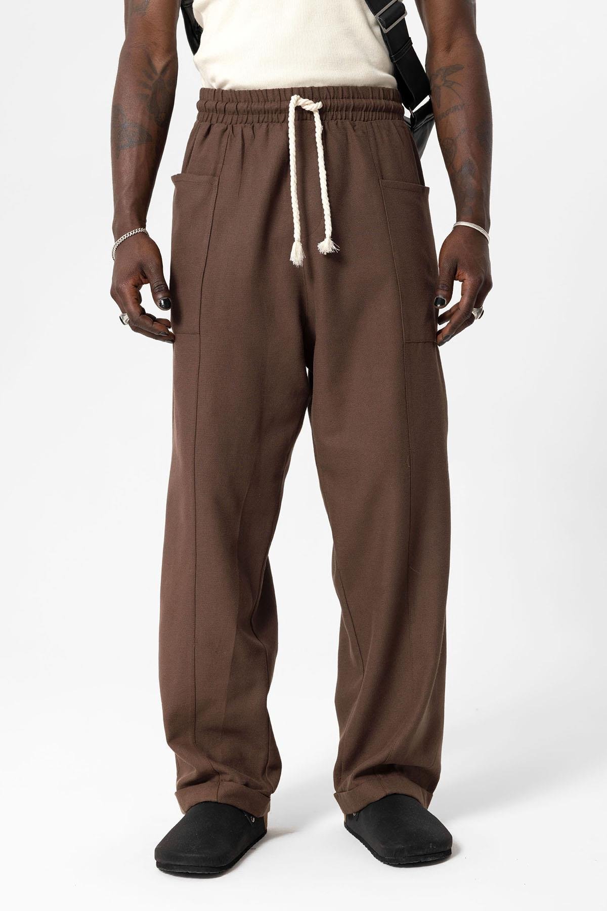 Yan Cepli Baggy Keten Pantolon Kahve