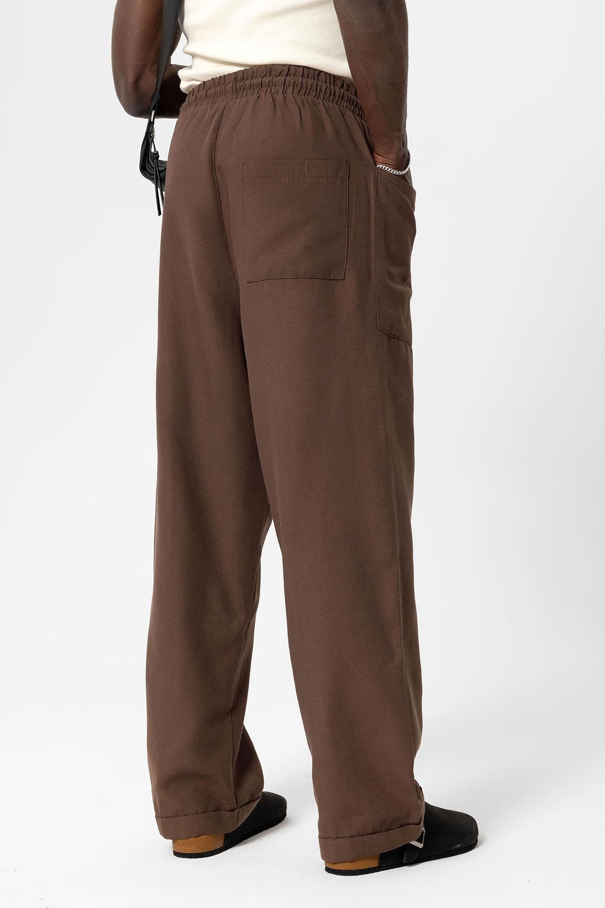 Yan Cepli Baggy Keten Pantolon Kahve