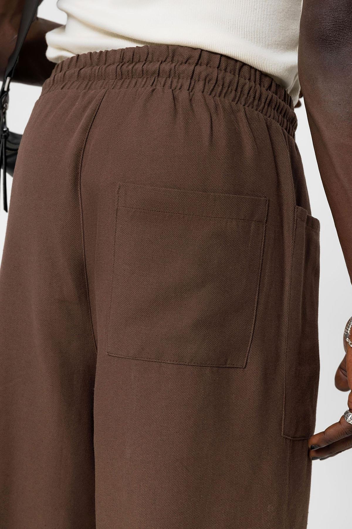Yan Cepli Baggy Keten Pantolon Kahve