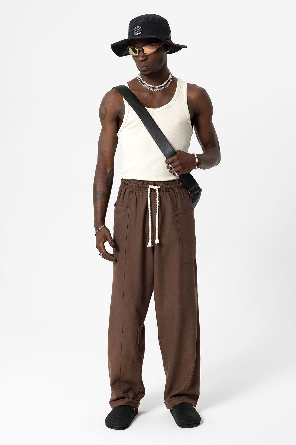 Yan Cepli Baggy Keten Pantolon Kahve