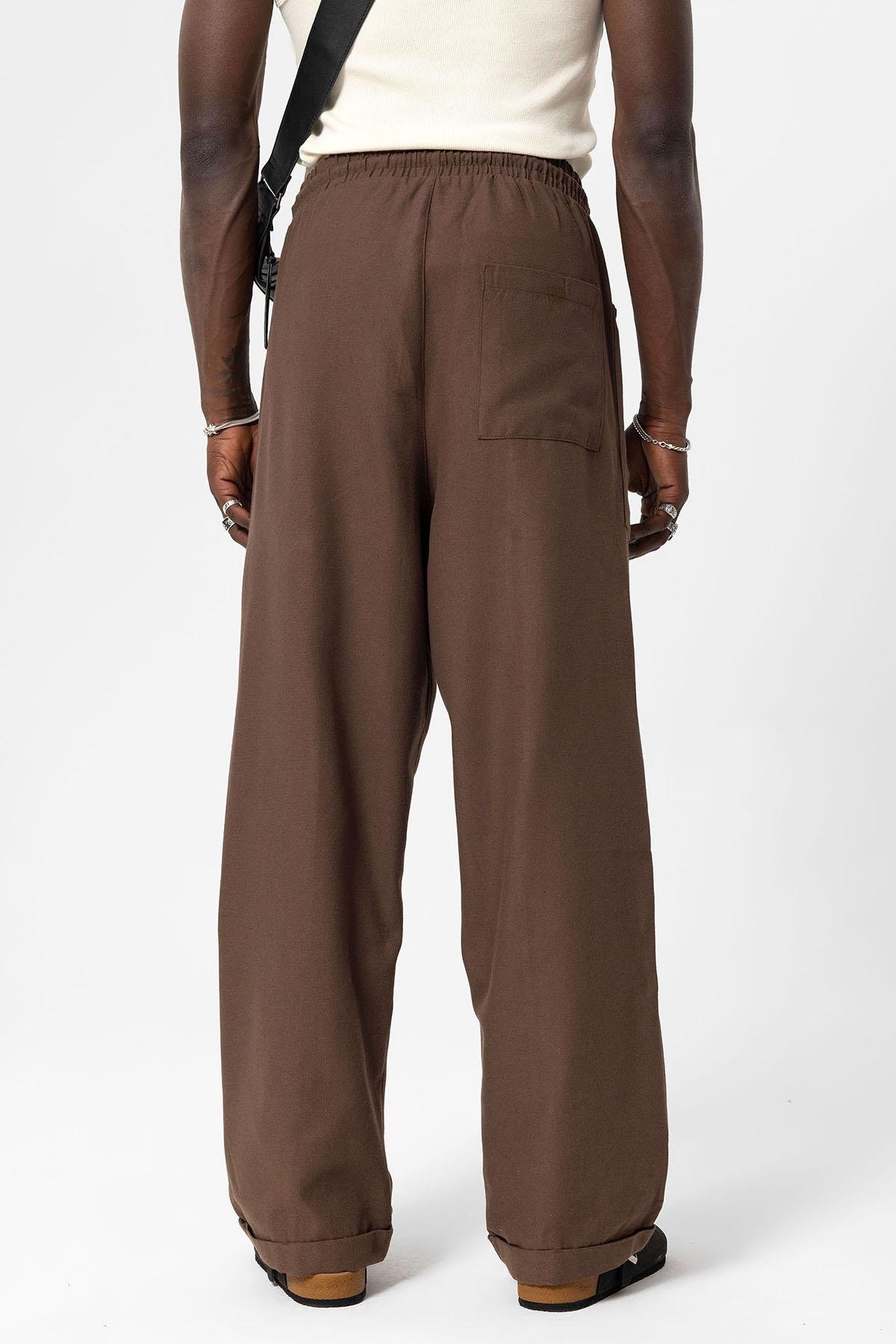Yan Cepli Baggy Keten Pantolon Kahve