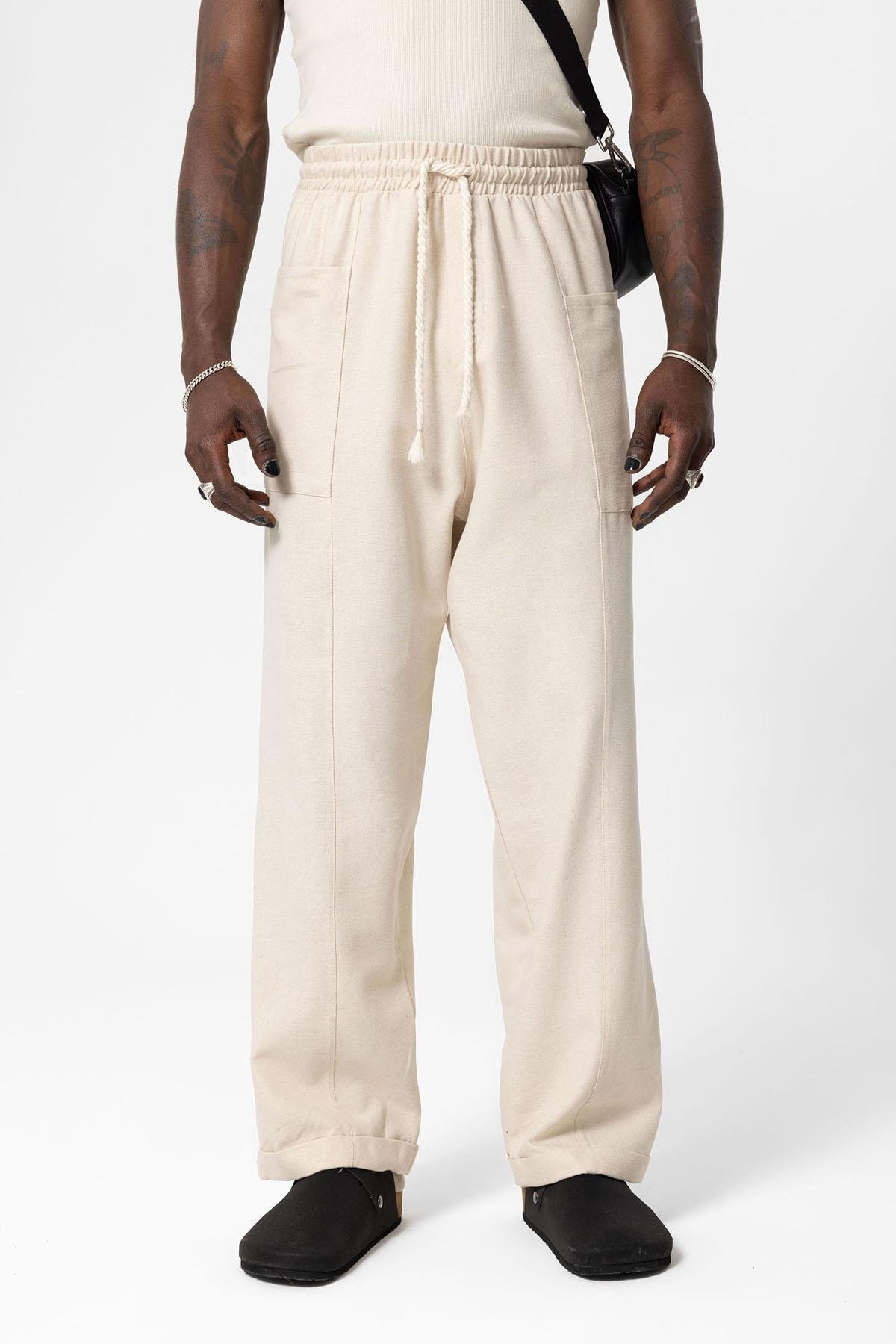 Yan Cepli Baggy Keten Pantolon Naturel