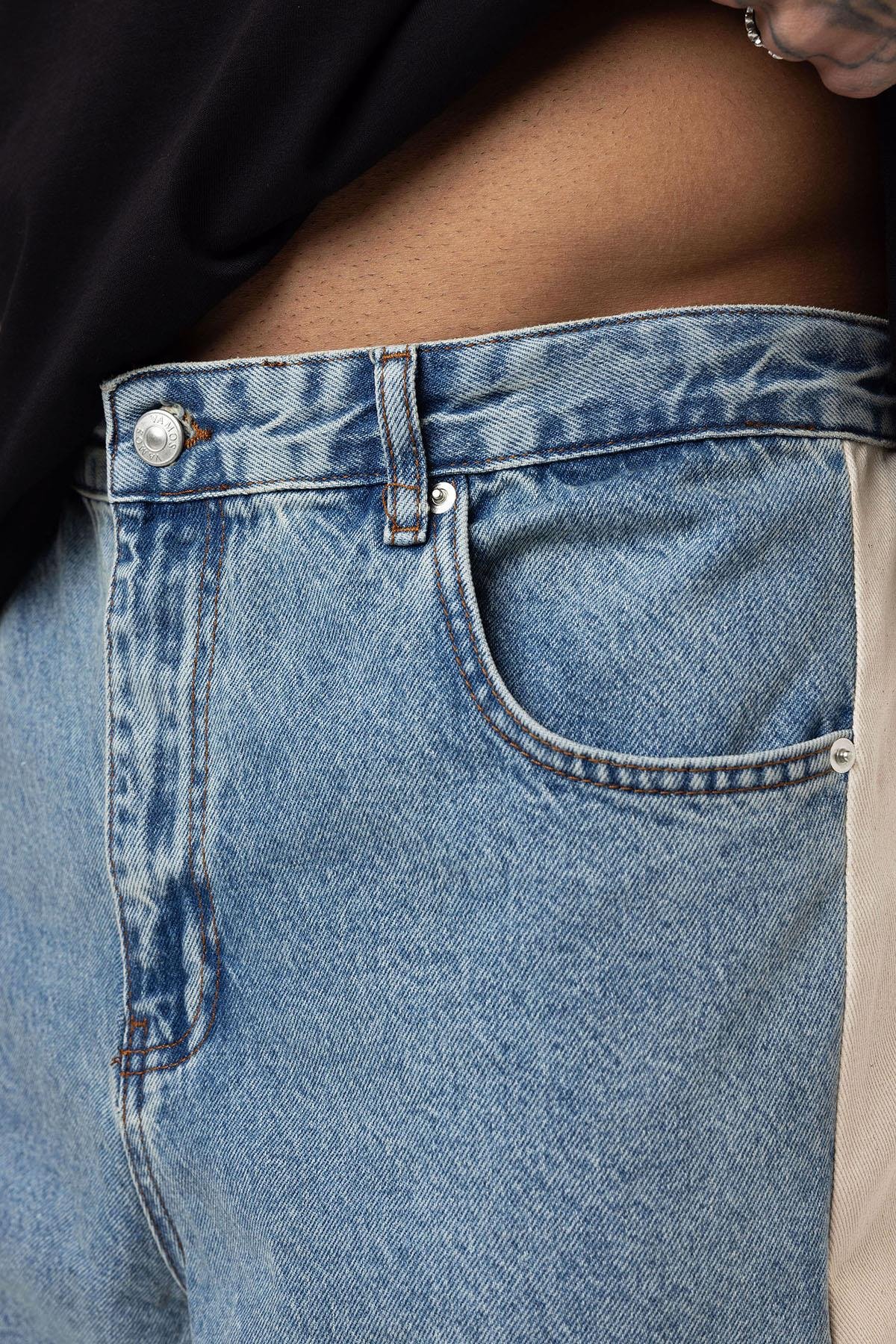 Yan Şeritli Baggy Fit Jean Açık Mavi Melanj