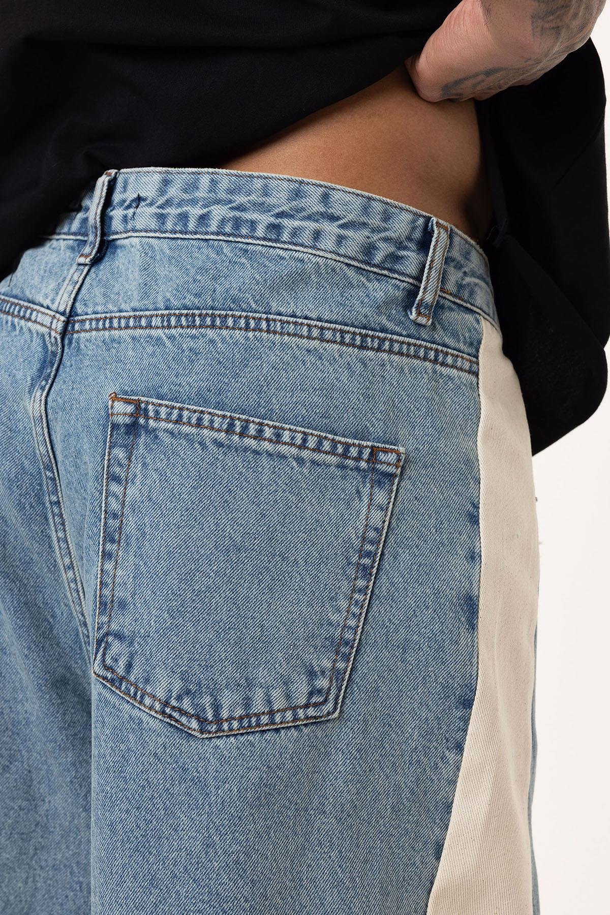 Yan Şeritli Baggy Fit Jean Açık Mavi Melanj