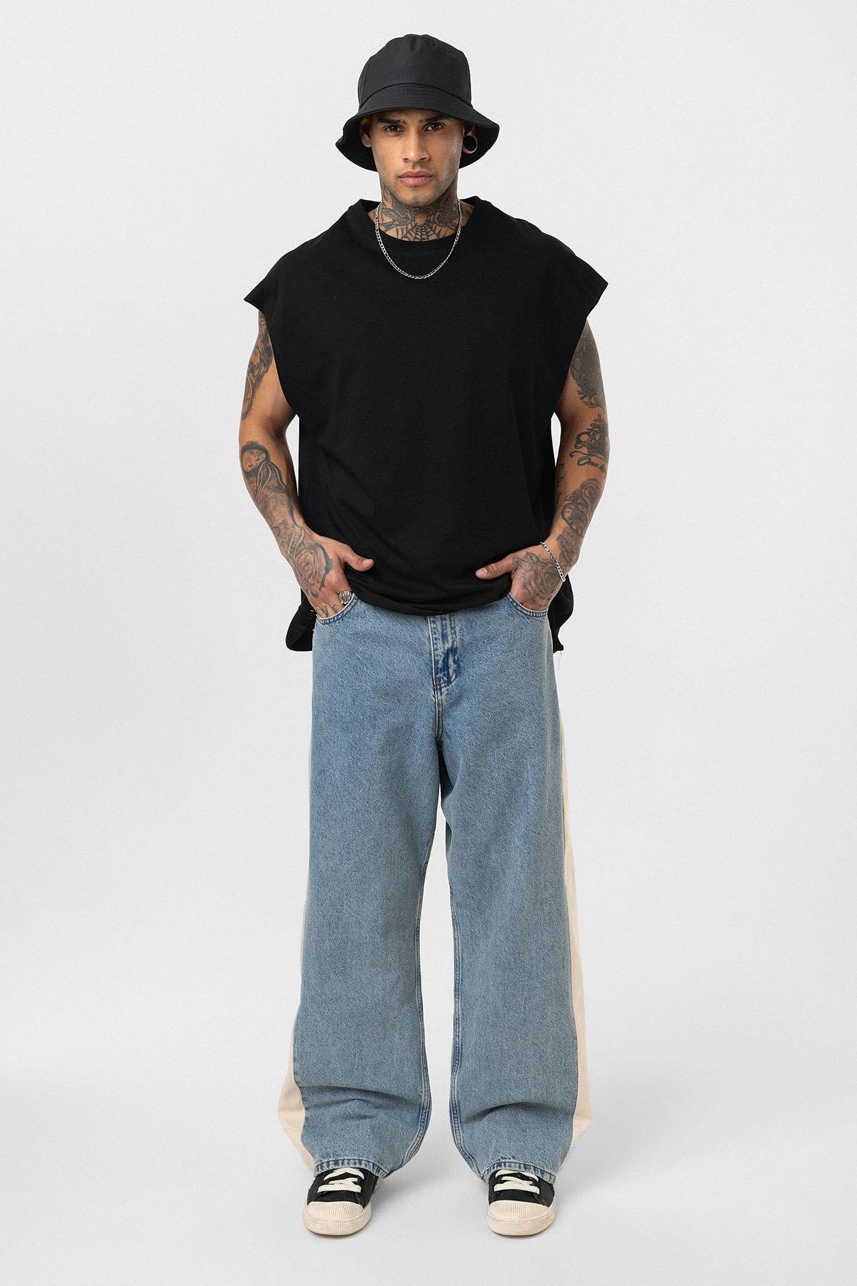 Yan Şeritli Baggy Fit Jean Açık Mavi Melanj