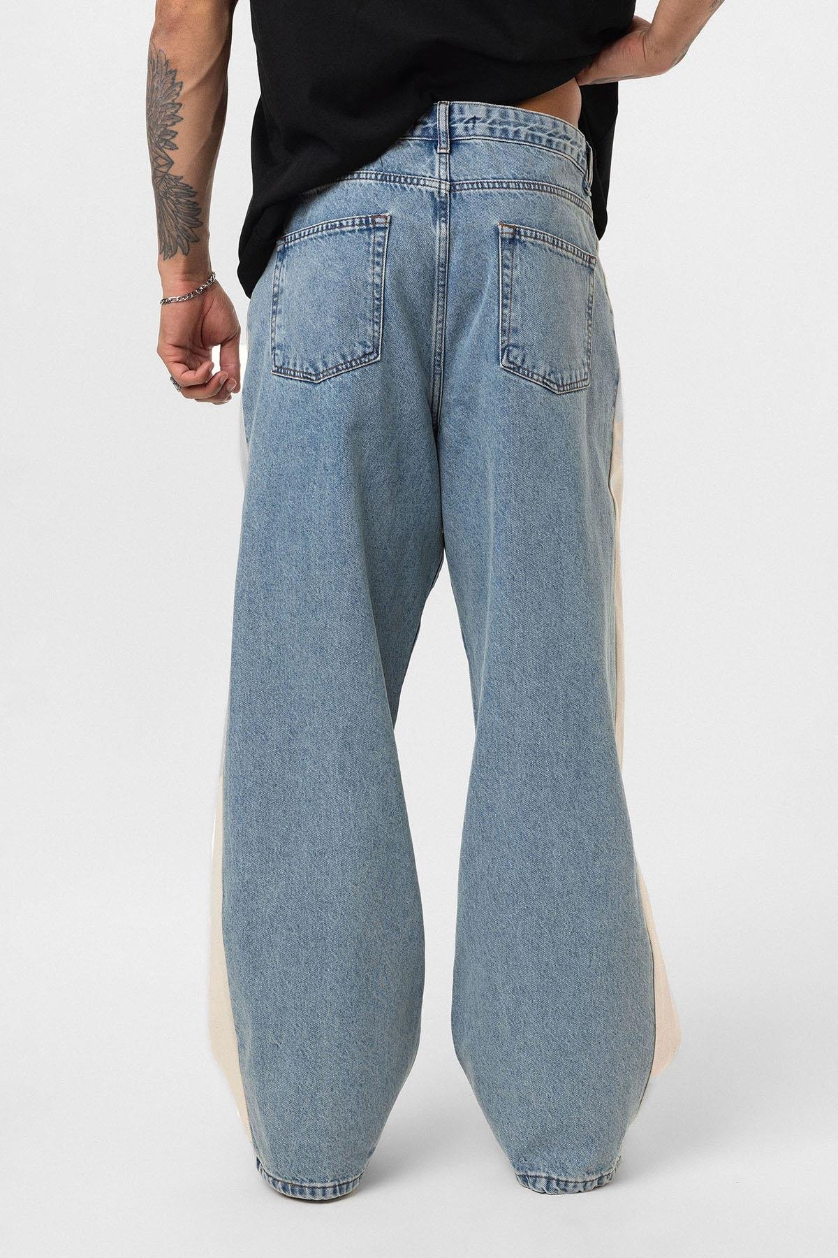 Yan Şeritli Baggy Fit Jean Açık Mavi Melanj