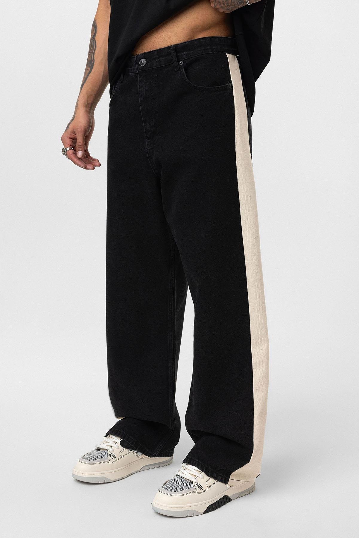 Yan Şeritli Baggy Fit Jean Siyah