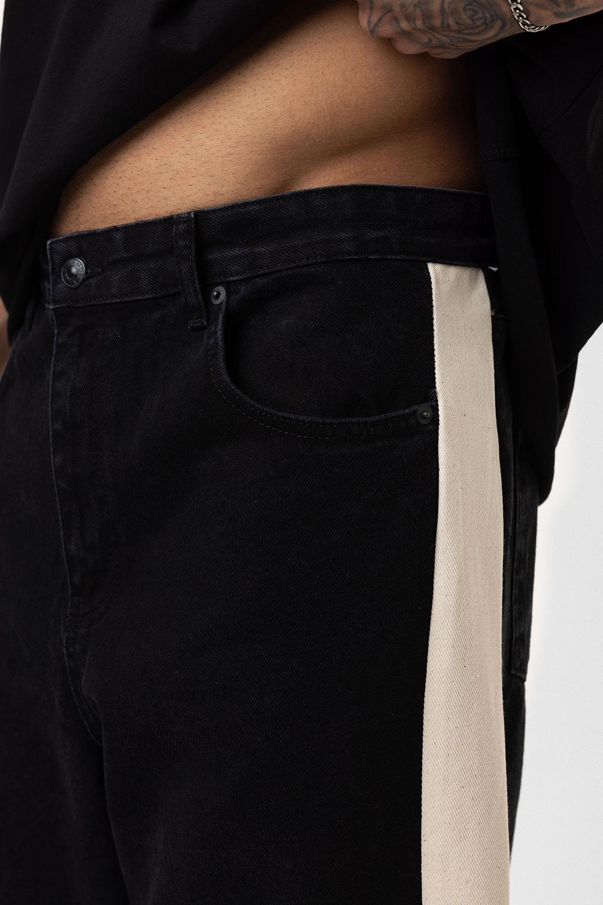 Yan Şeritli Baggy Fit Jean Siyah