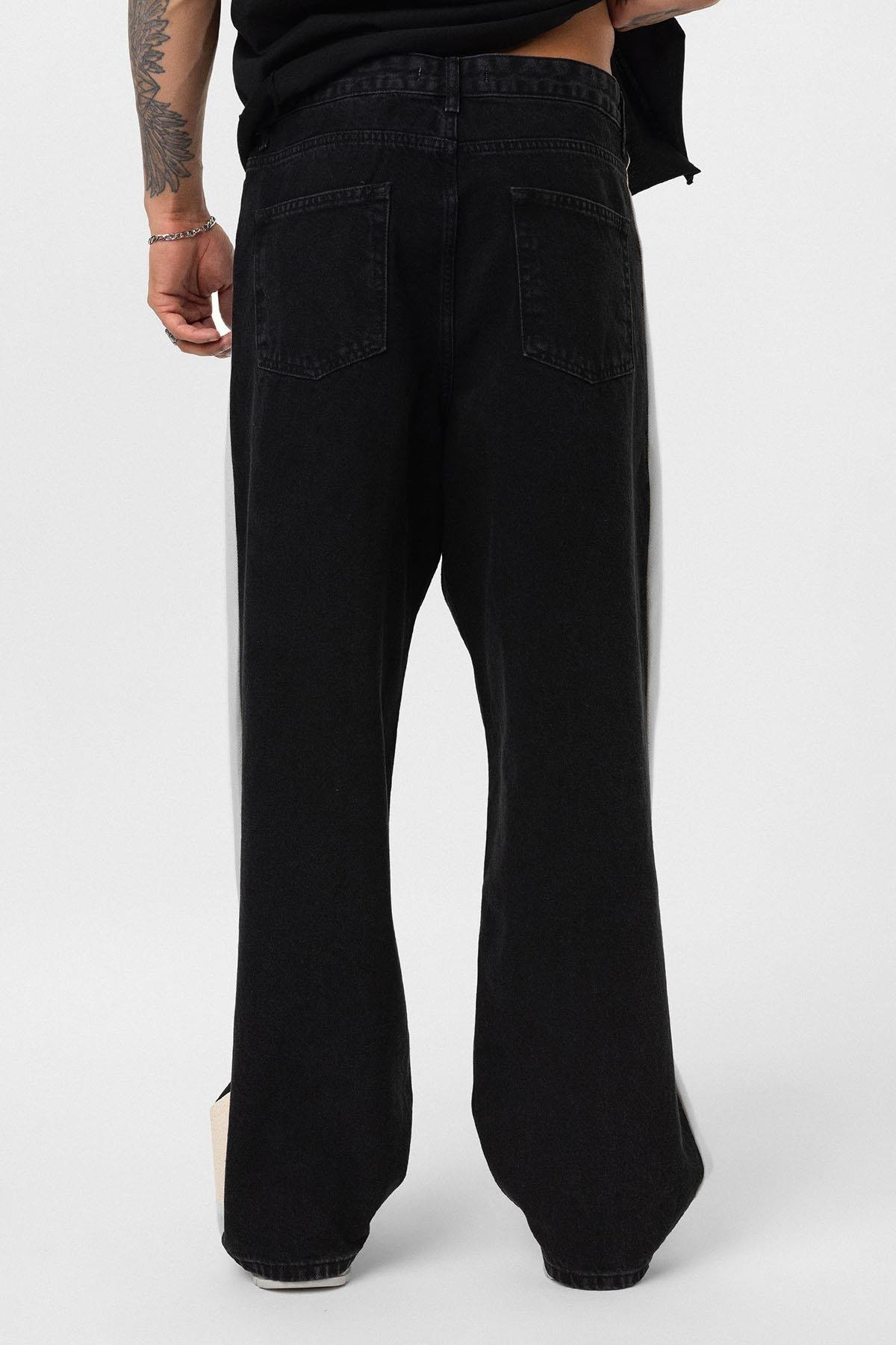 Yan Şeritli Baggy Fit Jean Siyah