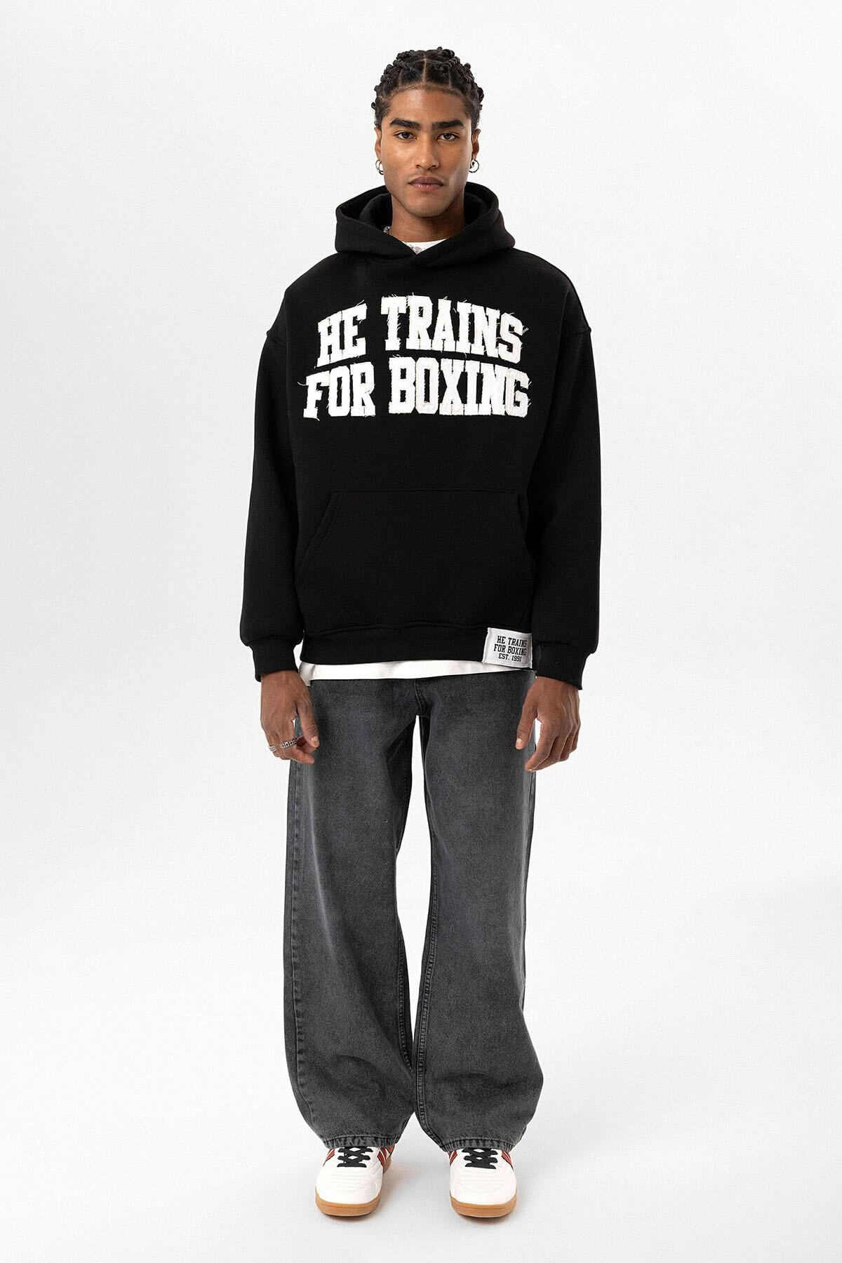 Yazı Baskılı Oversize Kapüşonlu Sweatshirt Siyah