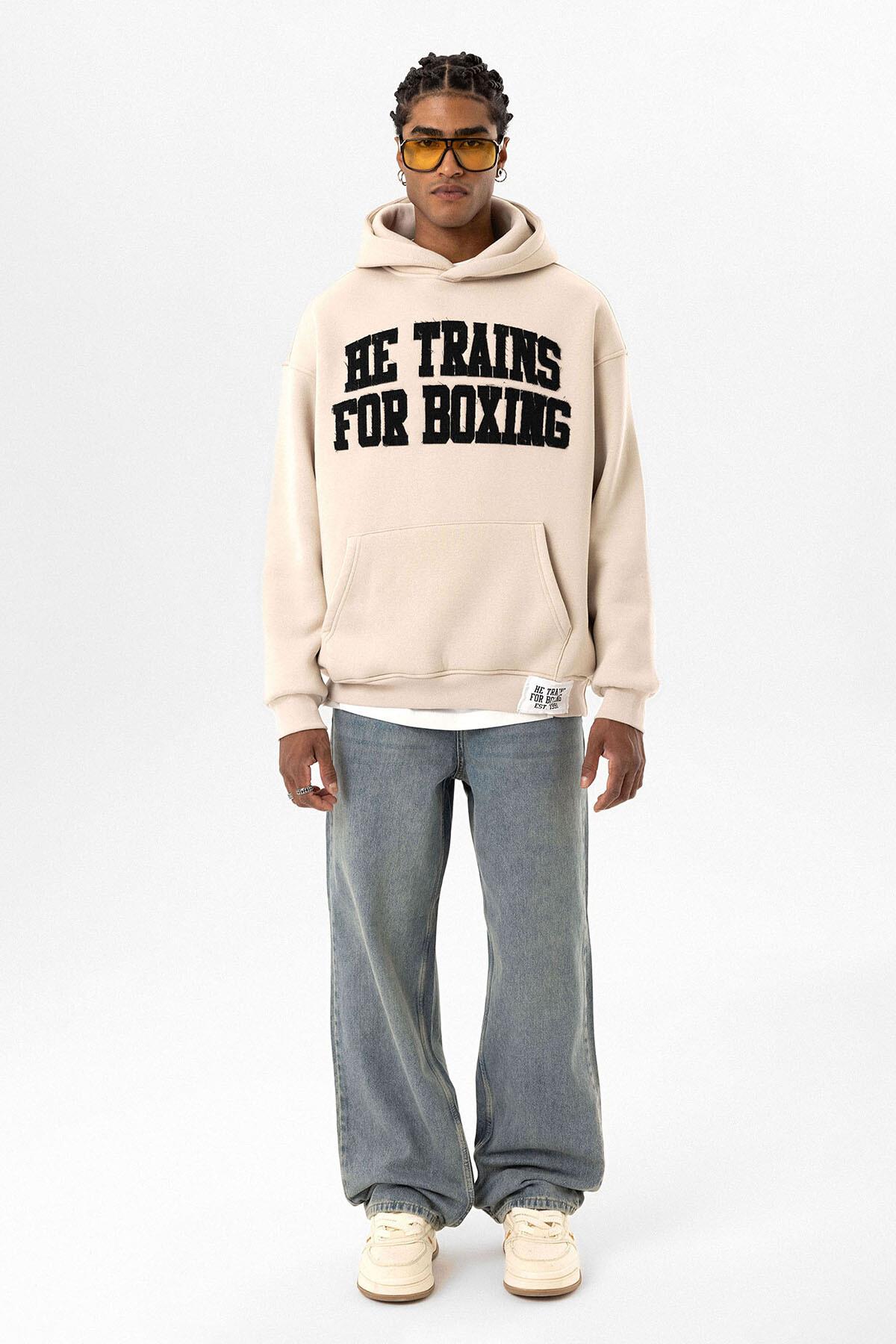 Yazı Baskılı Oversize Kapüşonlu Sweatshirt Taş