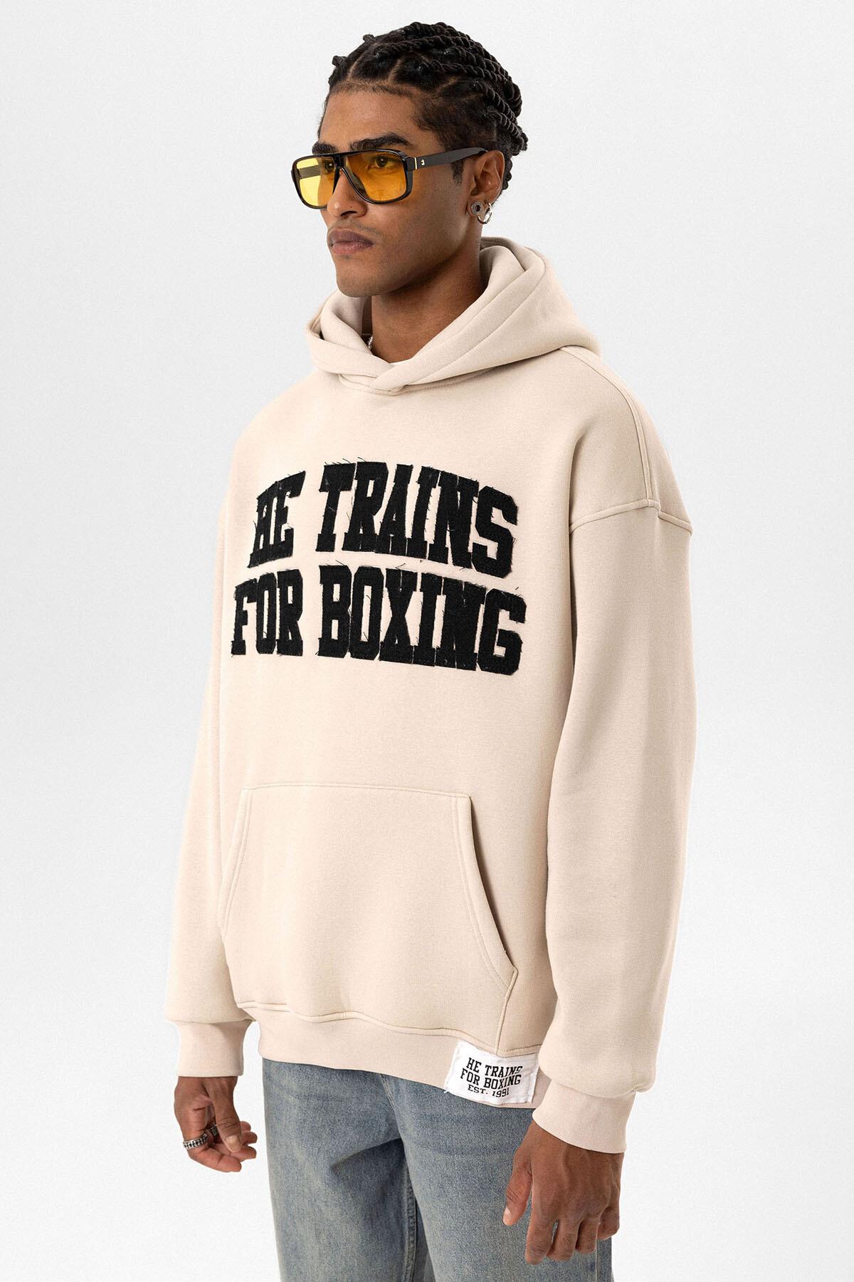Yazı Baskılı Oversize Kapüşonlu Sweatshirt Taş