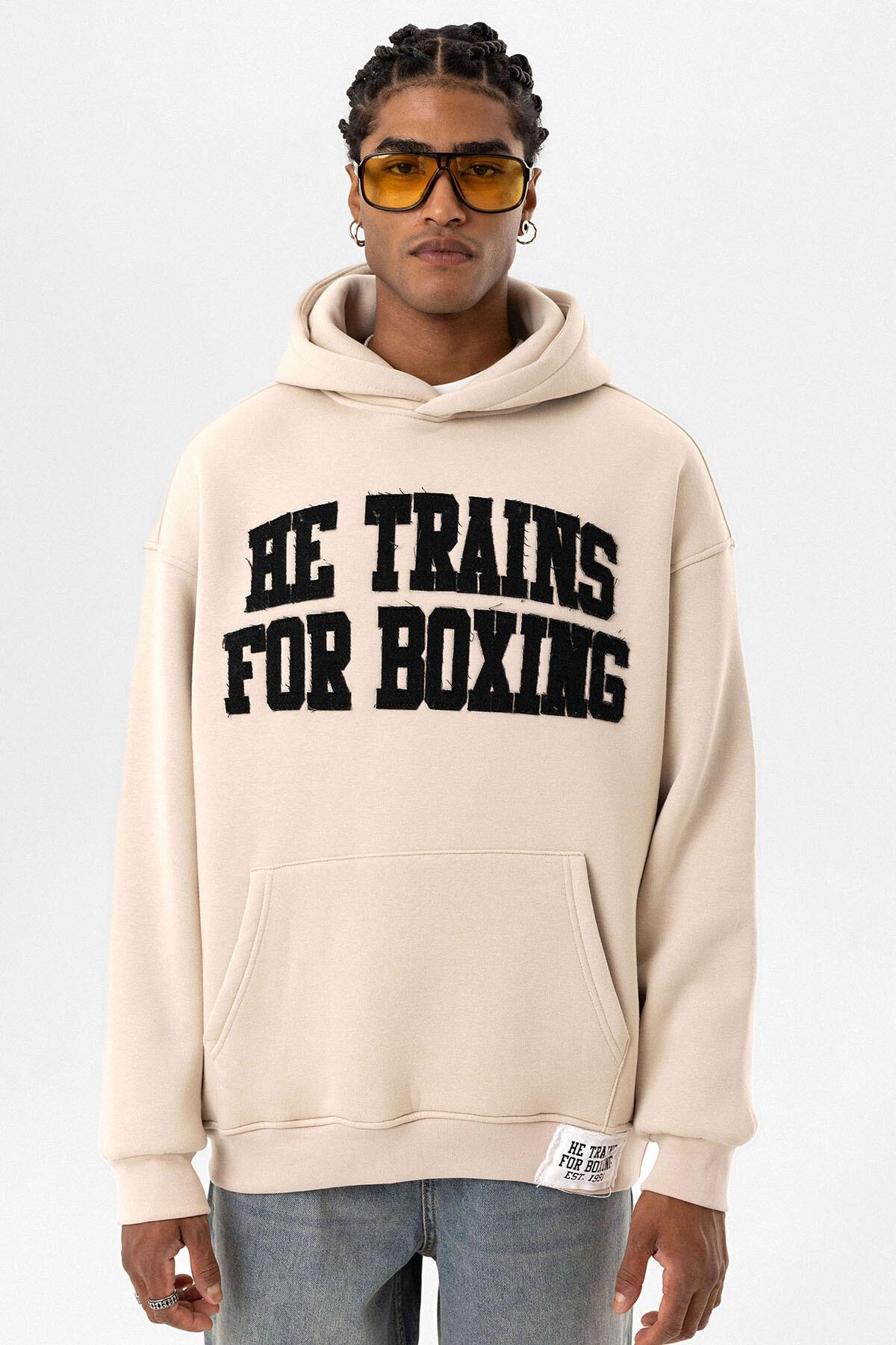 Yazı Baskılı Oversize Kapüşonlu Sweatshirt Taş